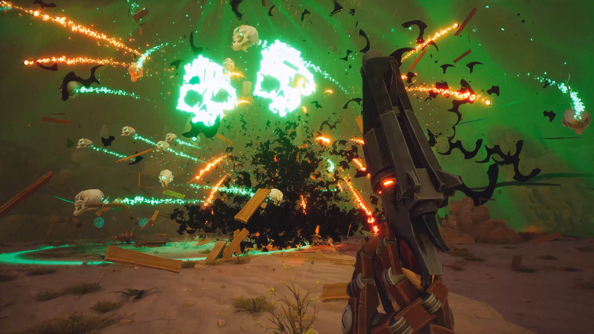 A cowboy fires a revolver at an explosion of skulls and fire in Far Far West.