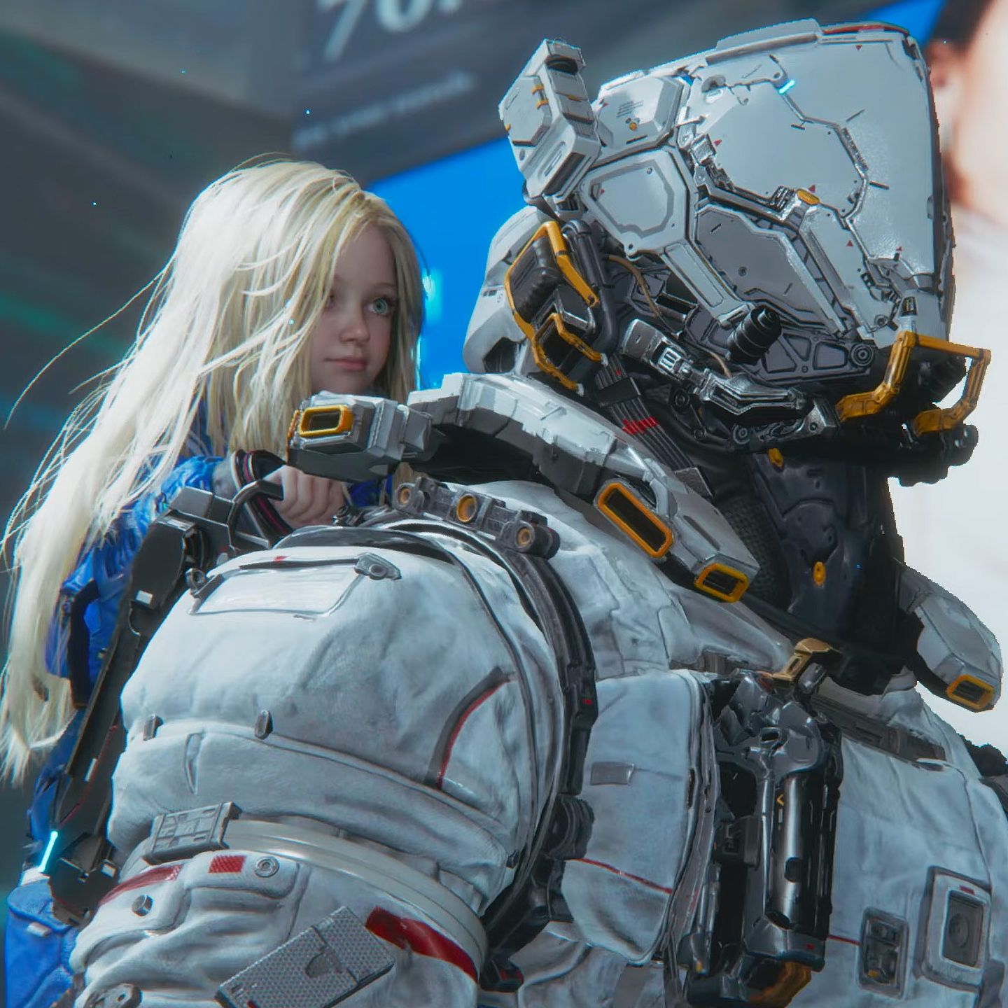 Pragmata - Hugh (the large mechanical man) and his little android companion, Diana, who is sitting on his back