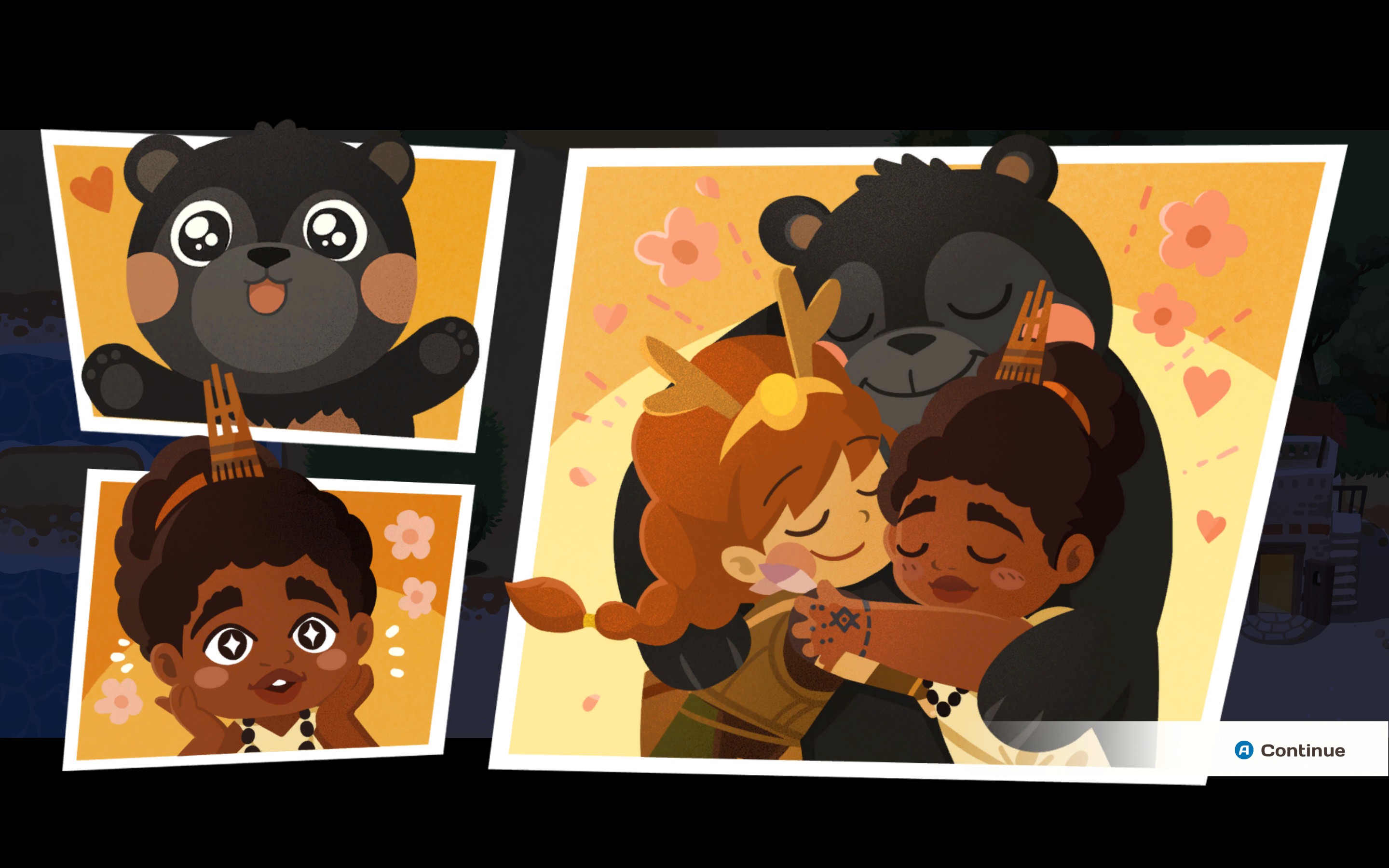 Artemis hugging a mortal and a bear in Mythmatch.