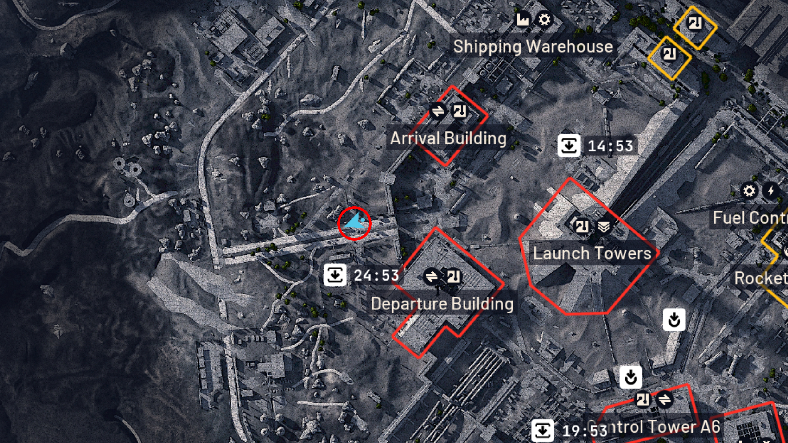 Arc Raiders A Wrench in the Works: A map of Spaceport with a red circle showing the location of the western gate bus.