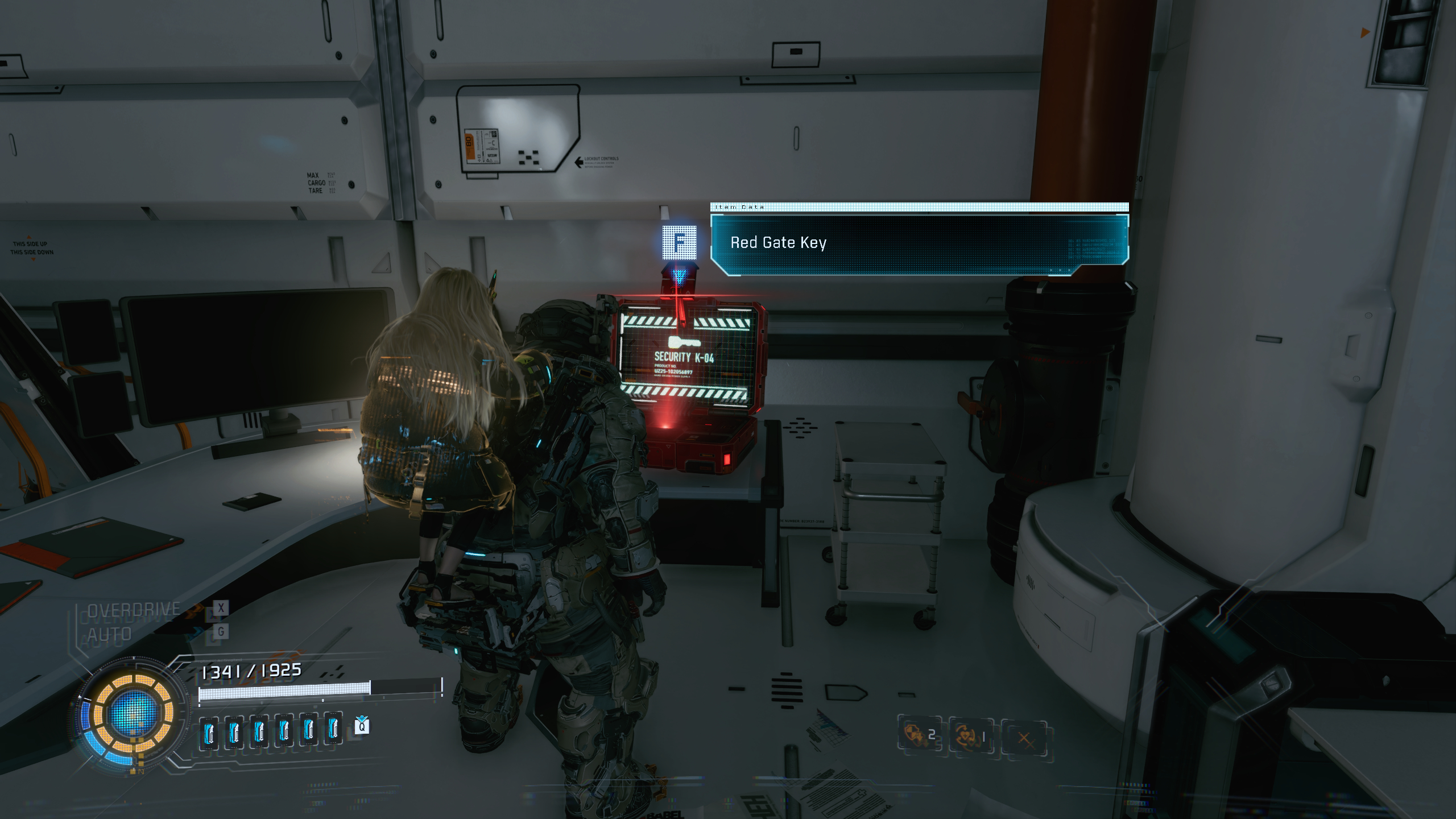 Pragmata Red Zone Gate Keys: A player looking at a Red Gate Key in a laptop.