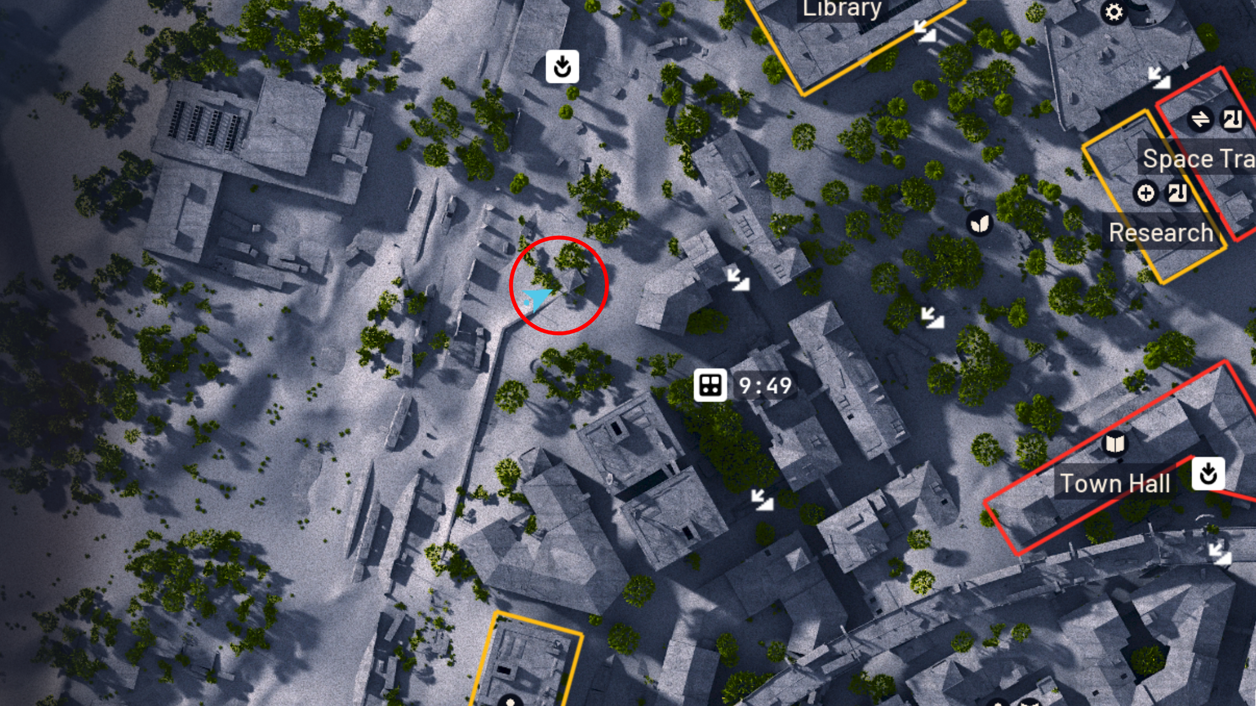 Arc Raiders Line in the Sand: A map of Buried City with a red circle highlighting the tower location location.