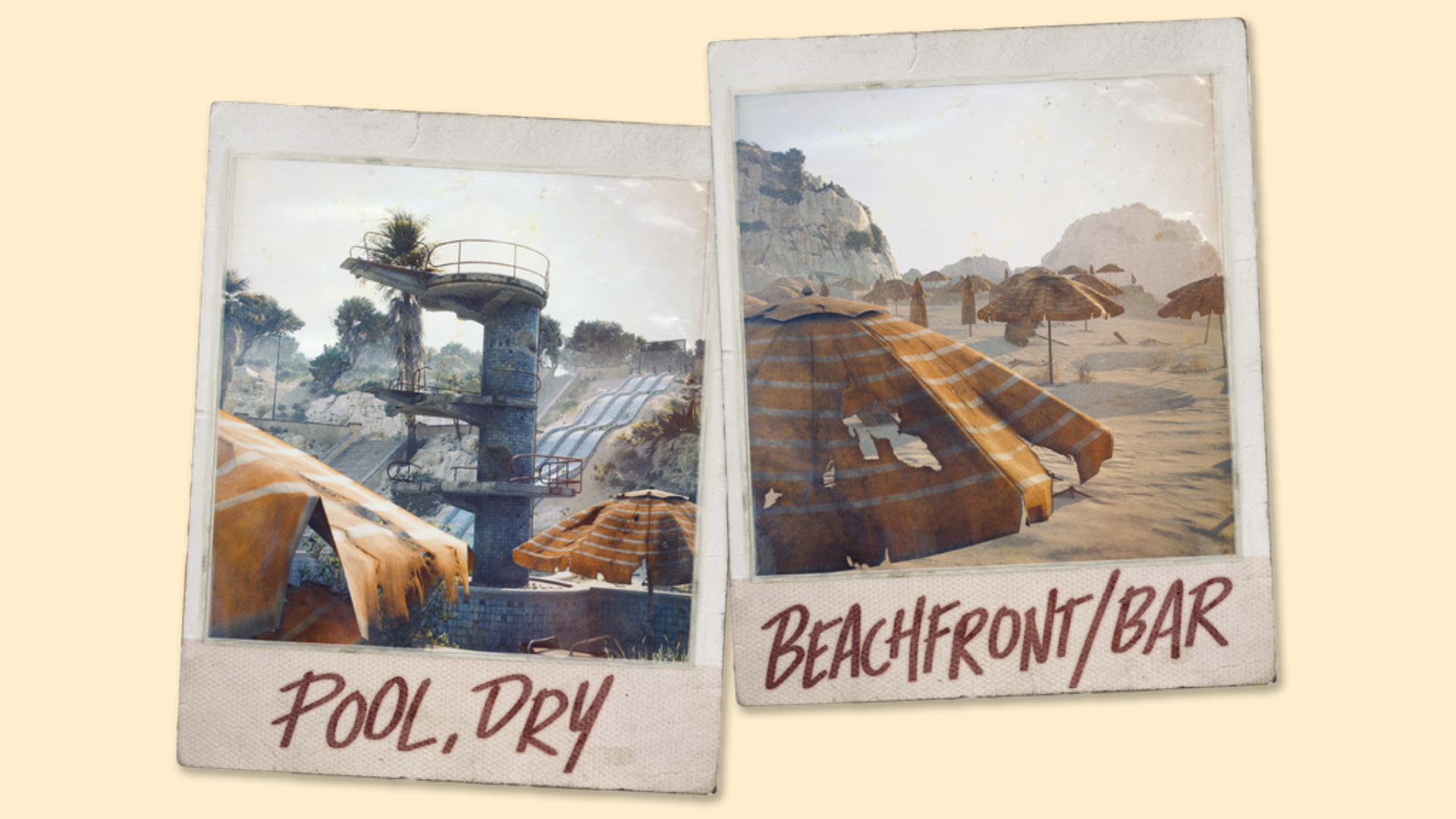 Arc Raiders Riven Tides: Polaroid-style images of the Pool and Beachbar areas of the new beachfront map.