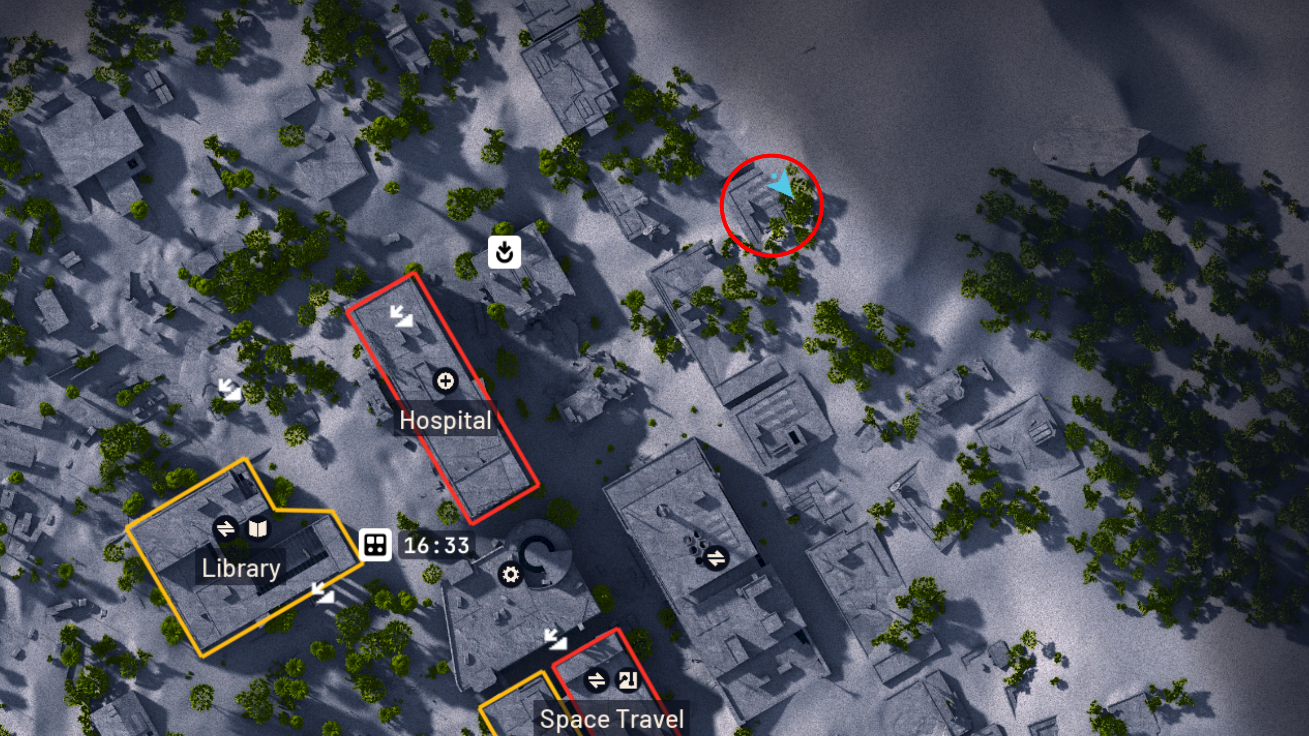 Arc Raiders Line in the Sand: A map of Buried City with a red circle highlighting the merchant's basement location.