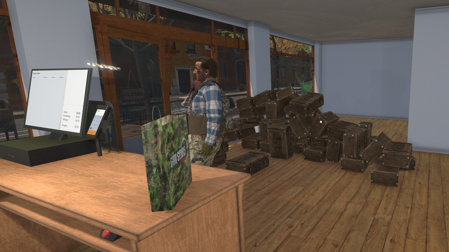 A gun store with customers buying weapons