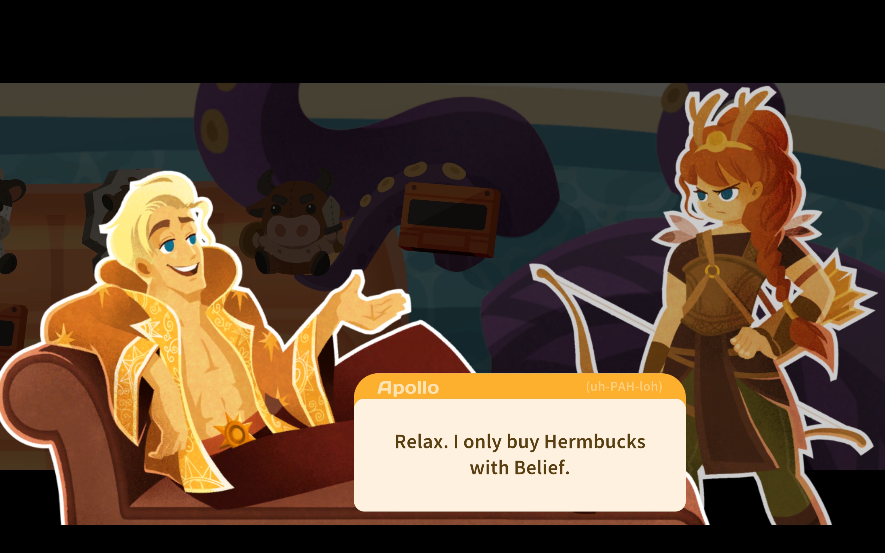 Artemis talking to Apollo in Mythmatch.