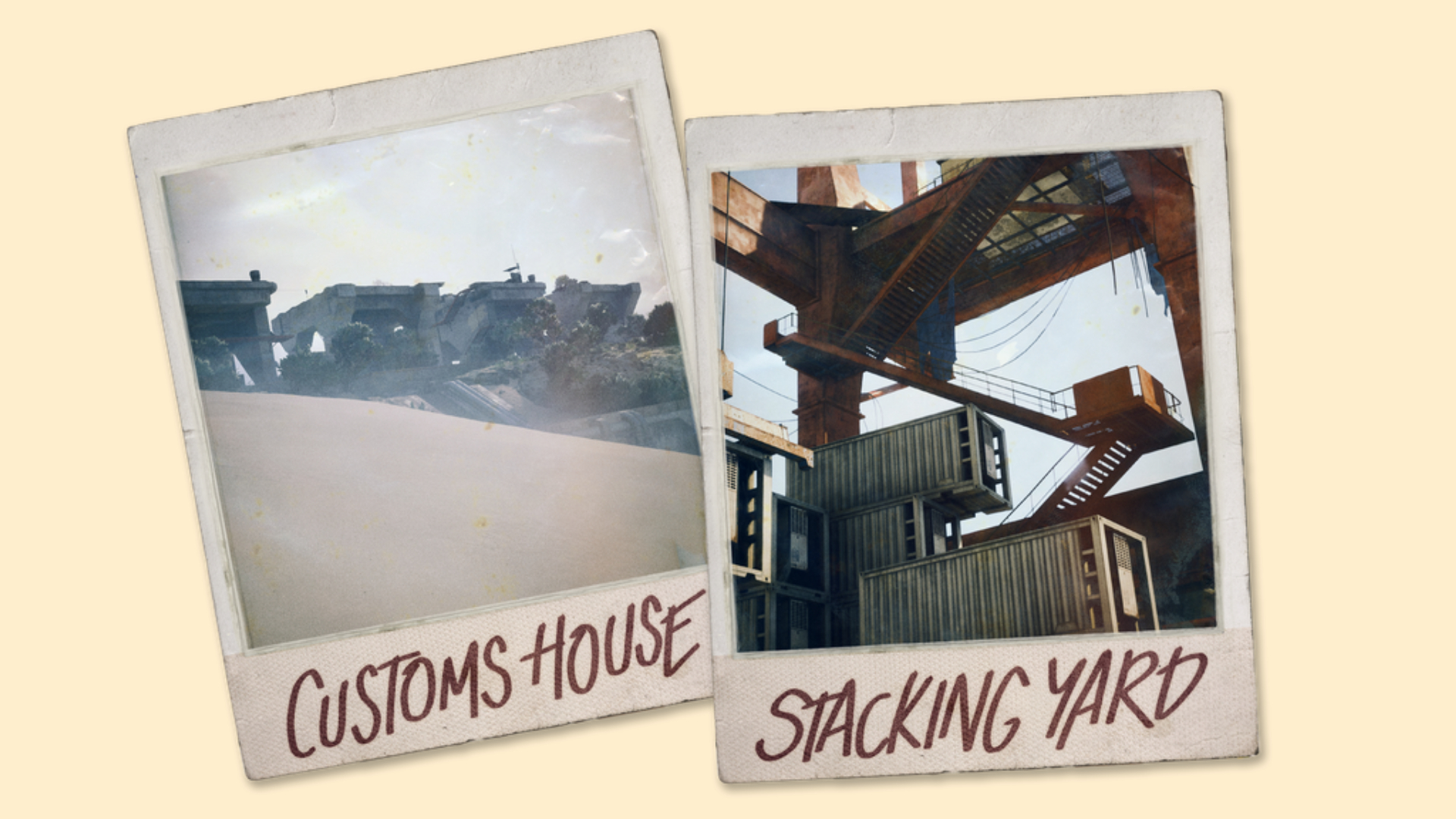 Arc Raiders Riven Tides: Polaroid-style images of the Customs House and Stacking Yard areas of the new beachfront map.