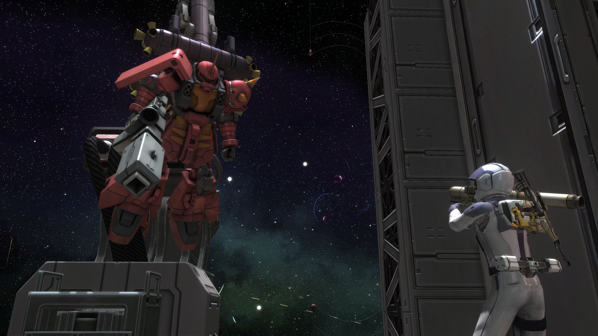 A pilot aims at a Psycho Zaku in GBO 2.