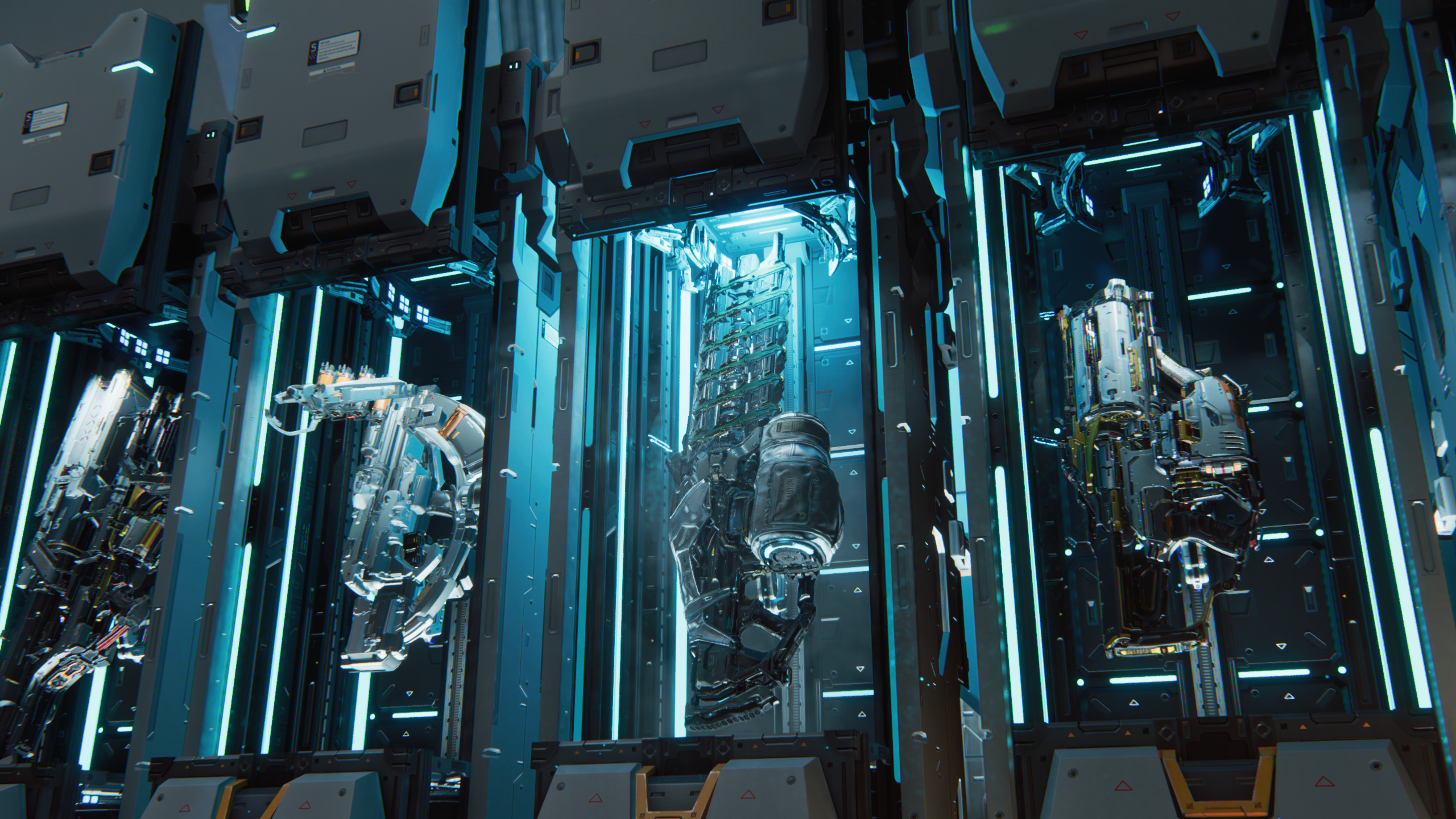 Pragmata weapons: The armoury with four different weapons on display.