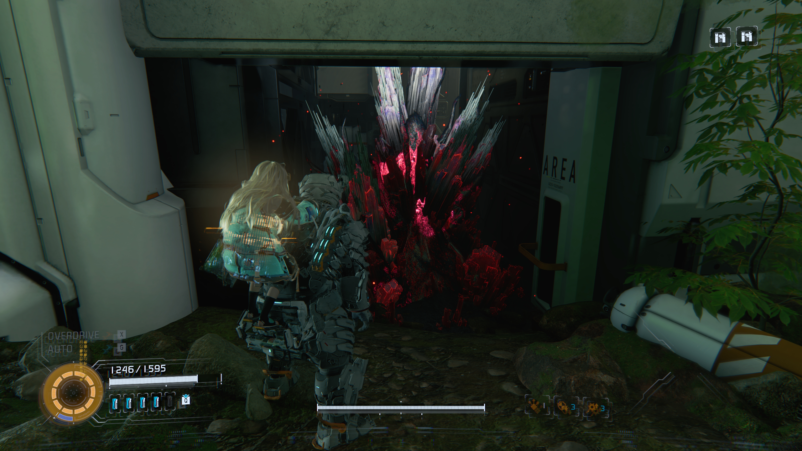 Pragmata red crystals: A player looking at a red crystal blocking a doorway.