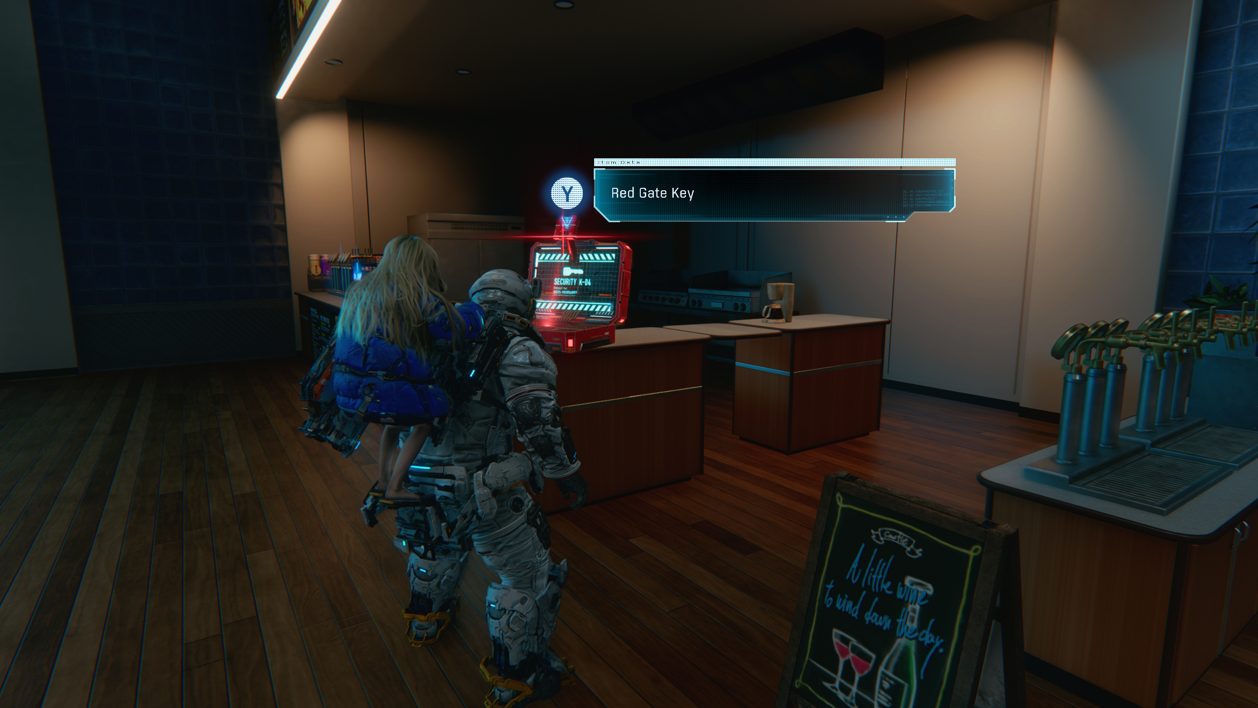 Pragmata Red Zone Gate Keys: A player looking at a Red Gate Key laptop in a cafe.