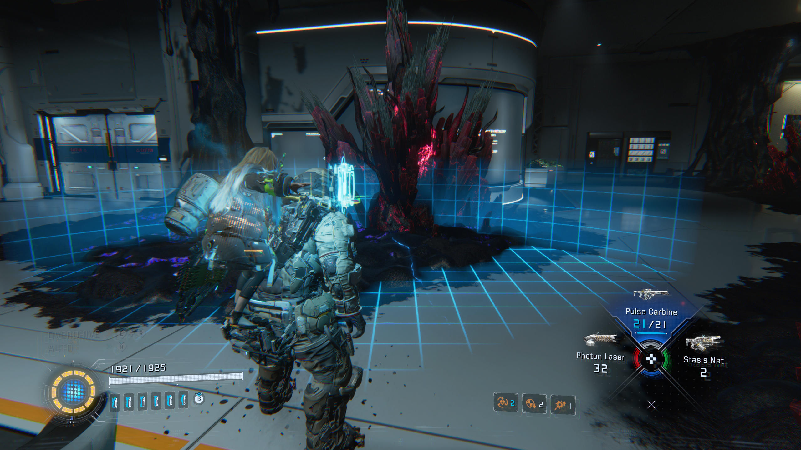 Pragmata red crystals: A player using the Cleanse ability to break red crystals.