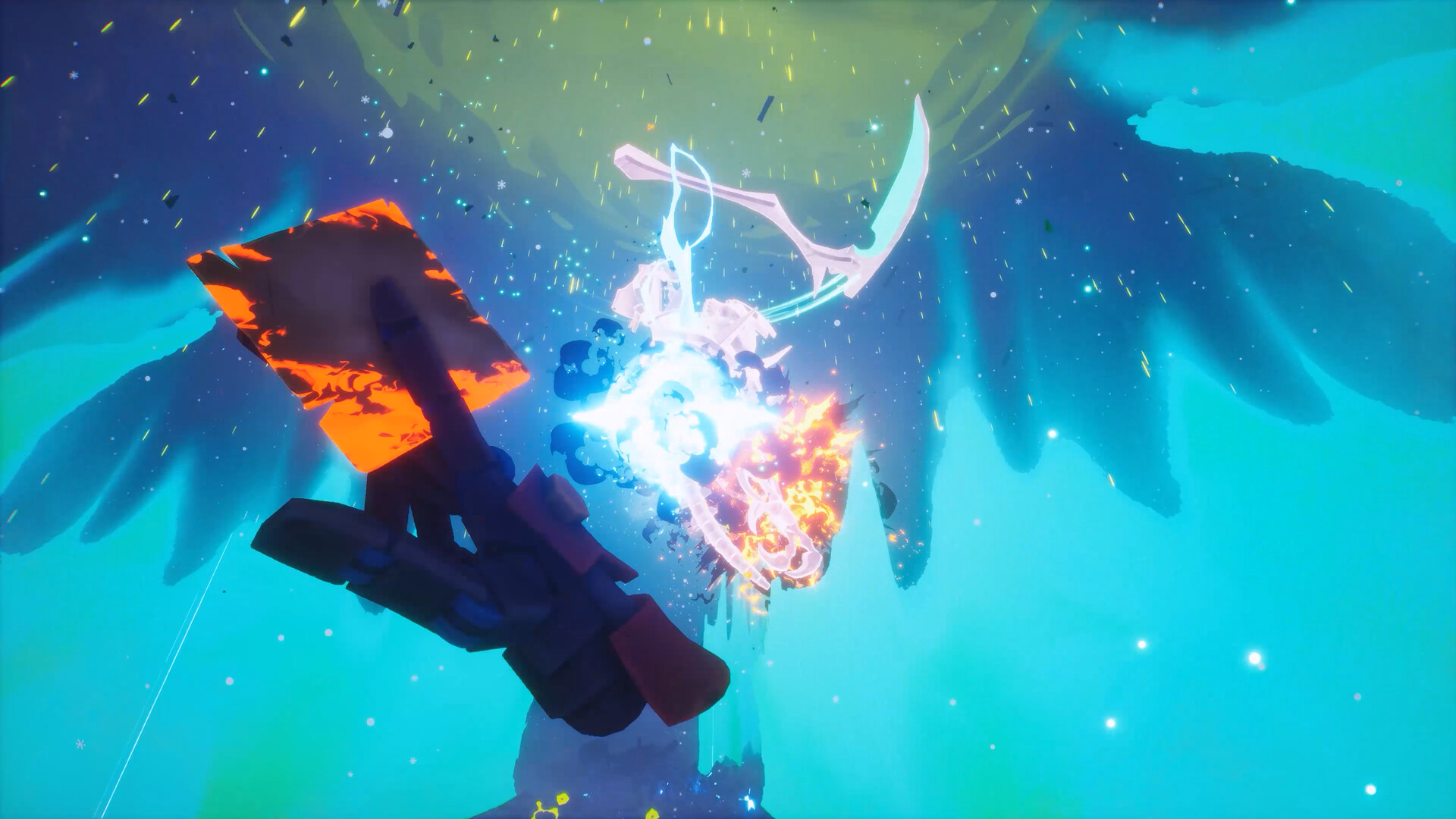 A robot cowboy prepares to launch a magic spell at a giant spectral reaper in Far Far West.