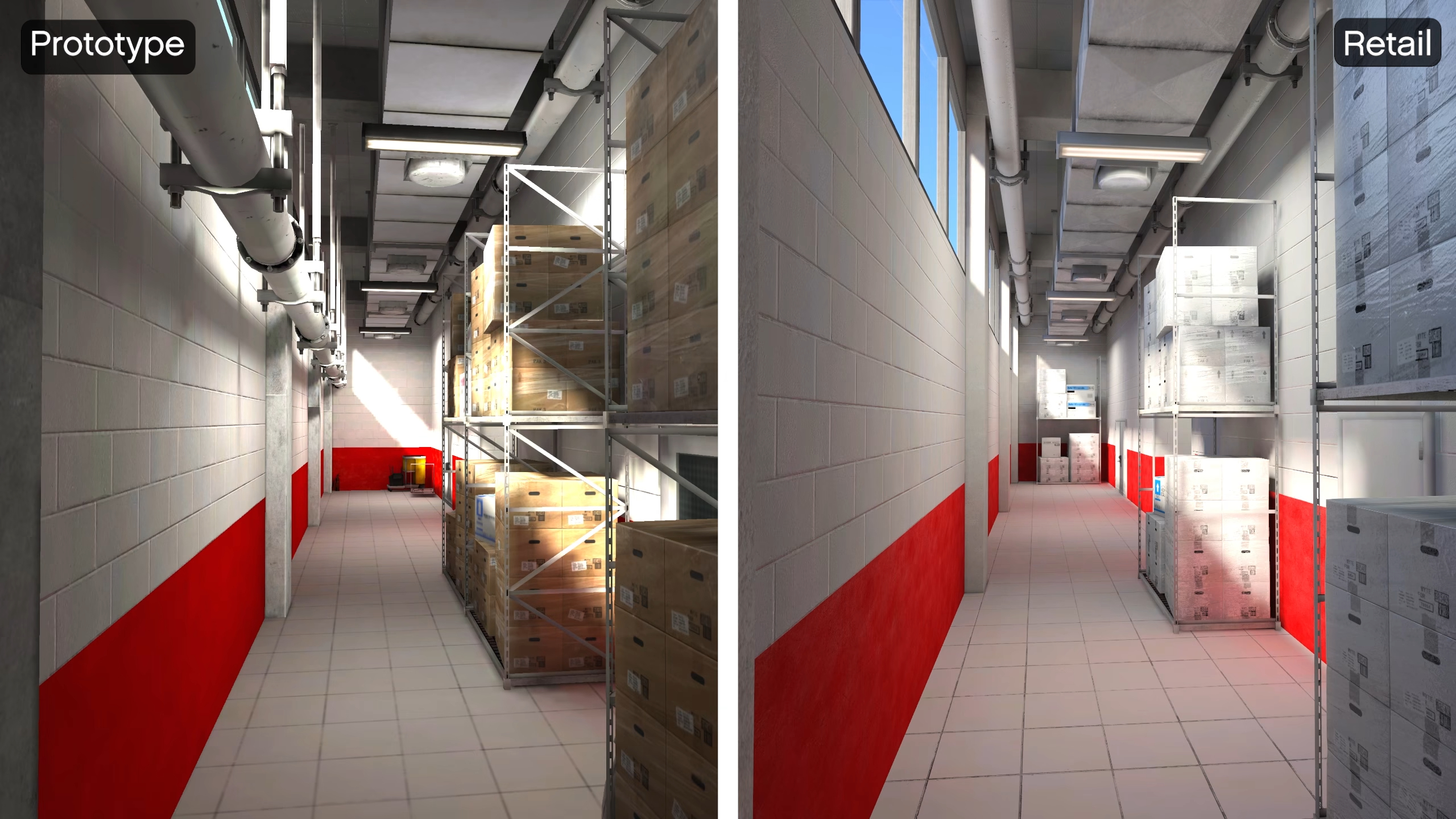 A side-by-side view comparing a hallway in the final version and prototype build of Mirror's Edge.