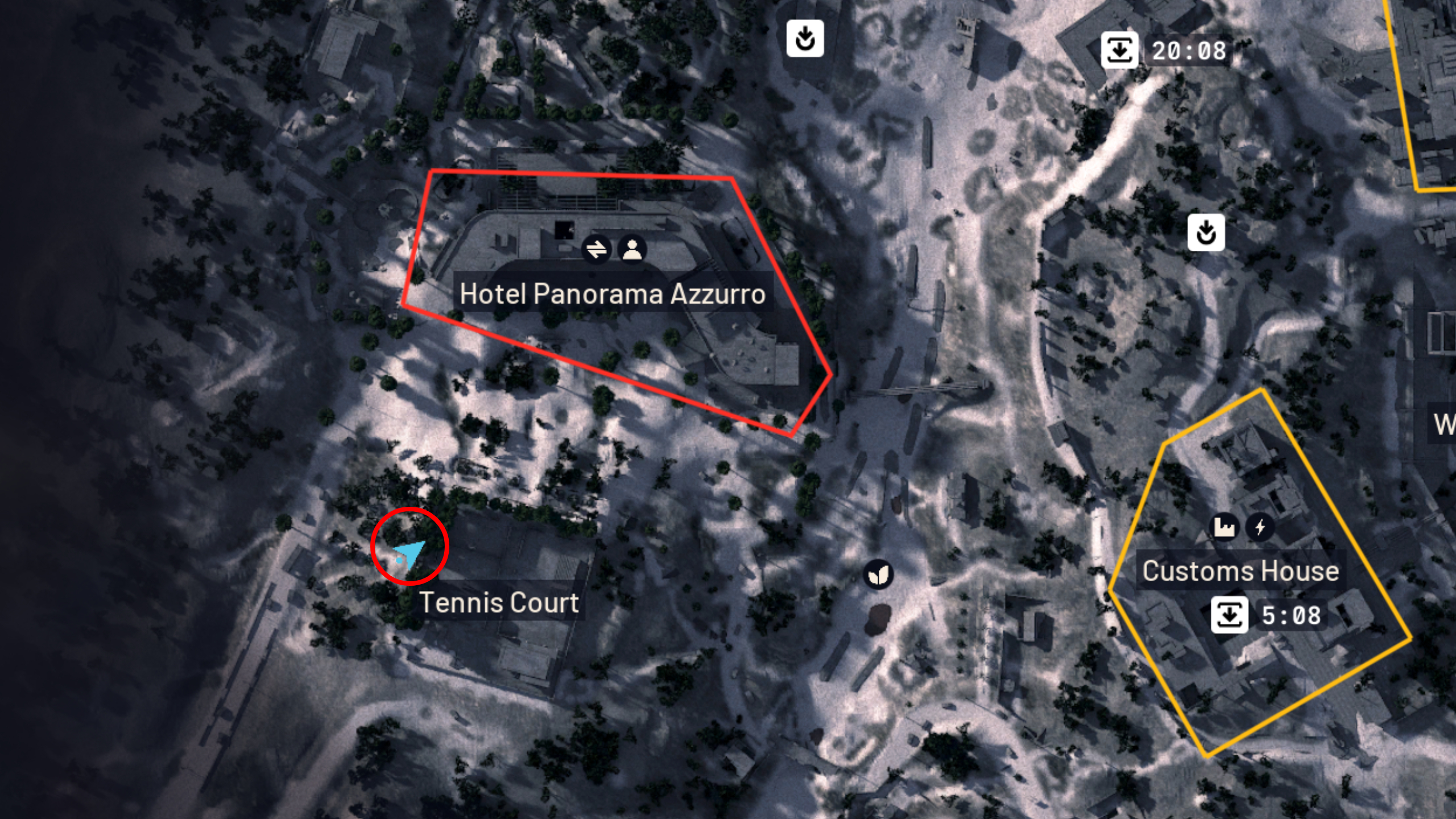 Arc Raiders Safe Harbor: A map of Riven Tide with a red circle highlighting a location in the Tennis Court area.