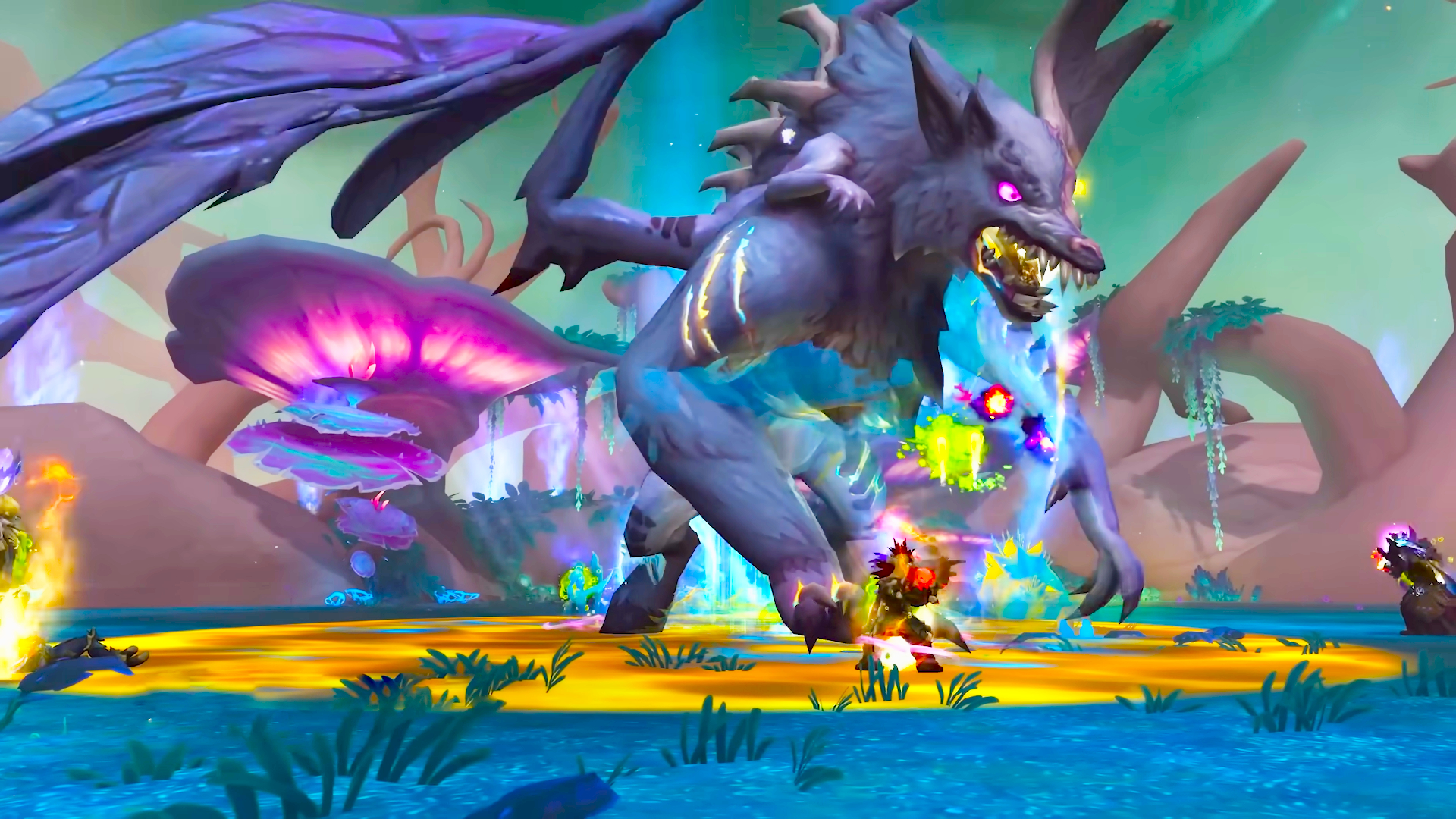 A screenshot of the raid boss Chimaerus in World of Warcraft: Midnight. A group of players battle in a fantastical blue forest. Chimaerus bares his teeth and claws at the players like a wolf. His beastly nature is warped by the existence of two insect-like wings sprouting from his back.