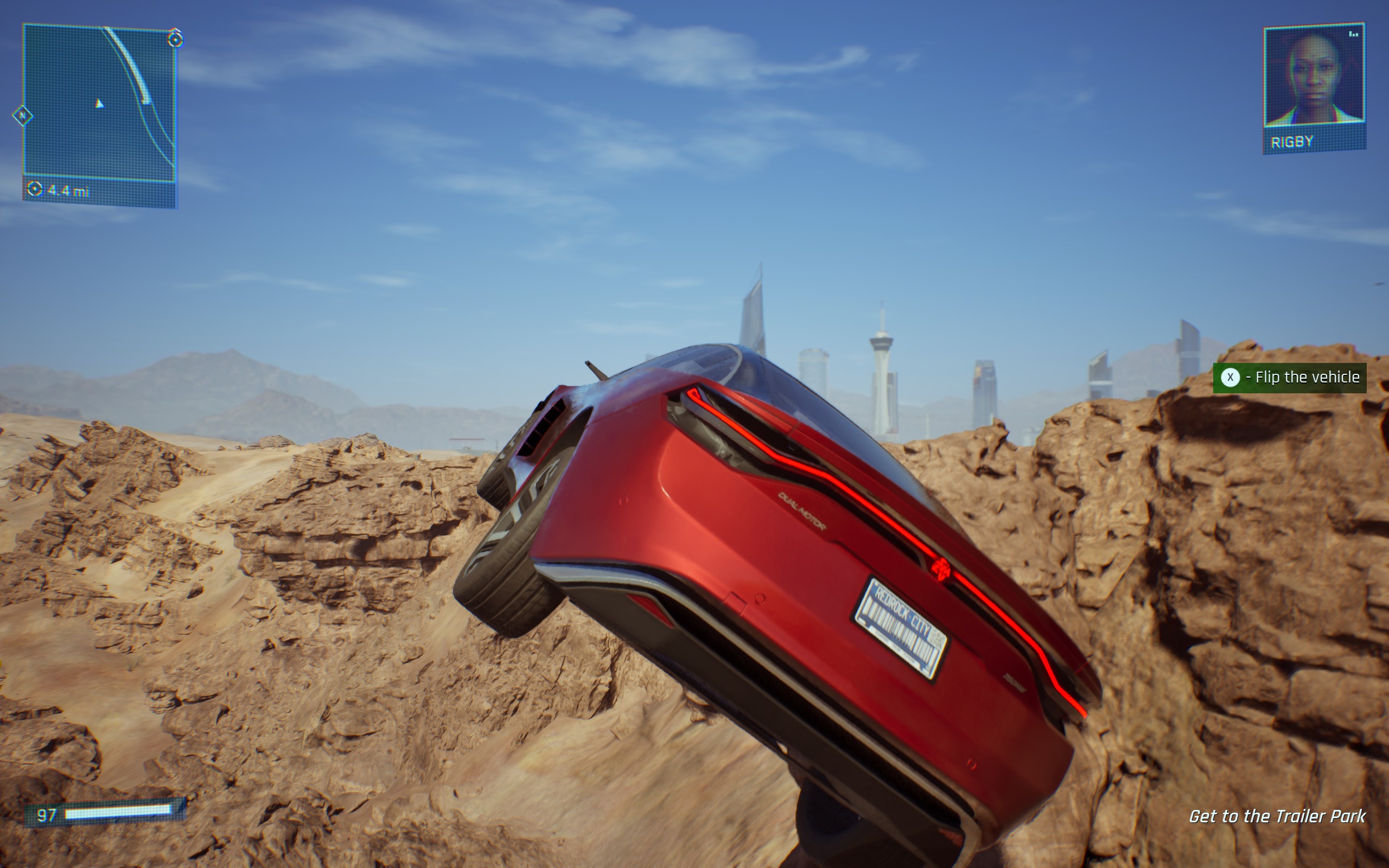 A red car hurtles into space