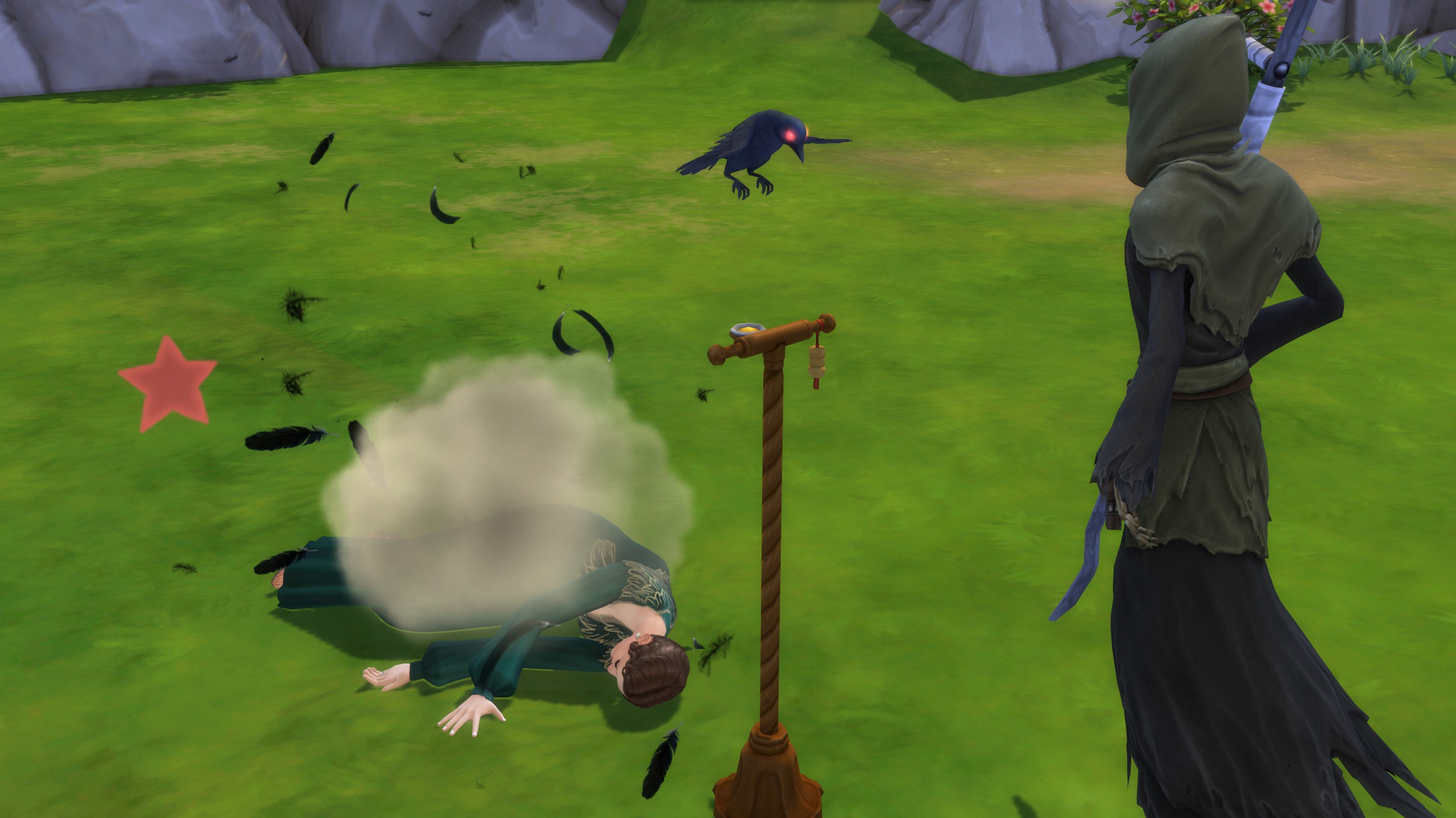 The Sims 4 Life &amp; Death - A sim lying on the ground killed by a crow while the Grim Reaper watches