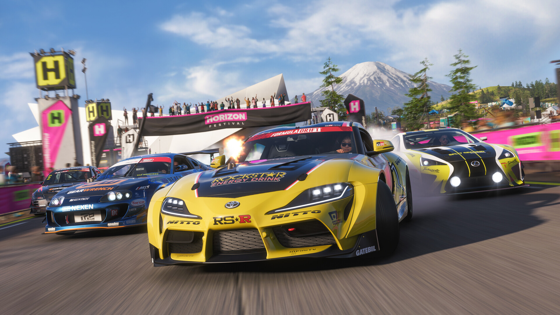Forza Horizon 6: Three sports cars racing past the finish line towards the camera, nearly crashing into each other.