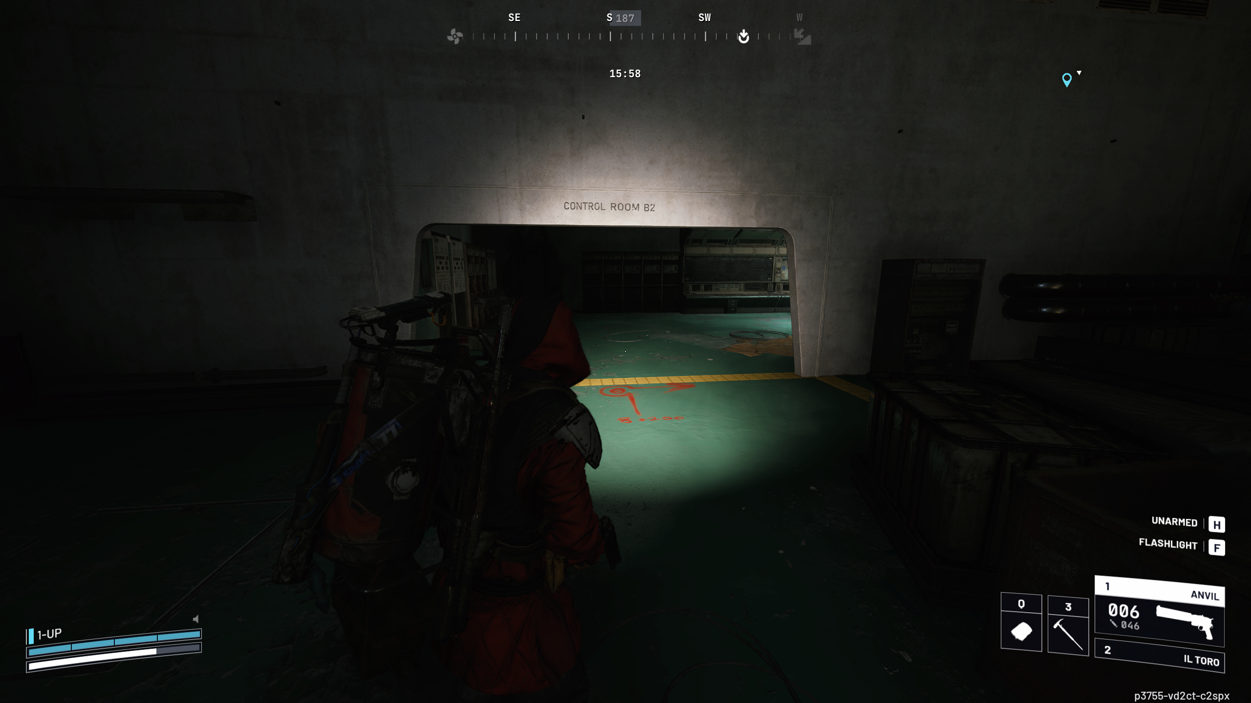 Arc Raiders Fragmented Logs: A player looking at a dark room labelled Control Room B2 on Stella Montis.