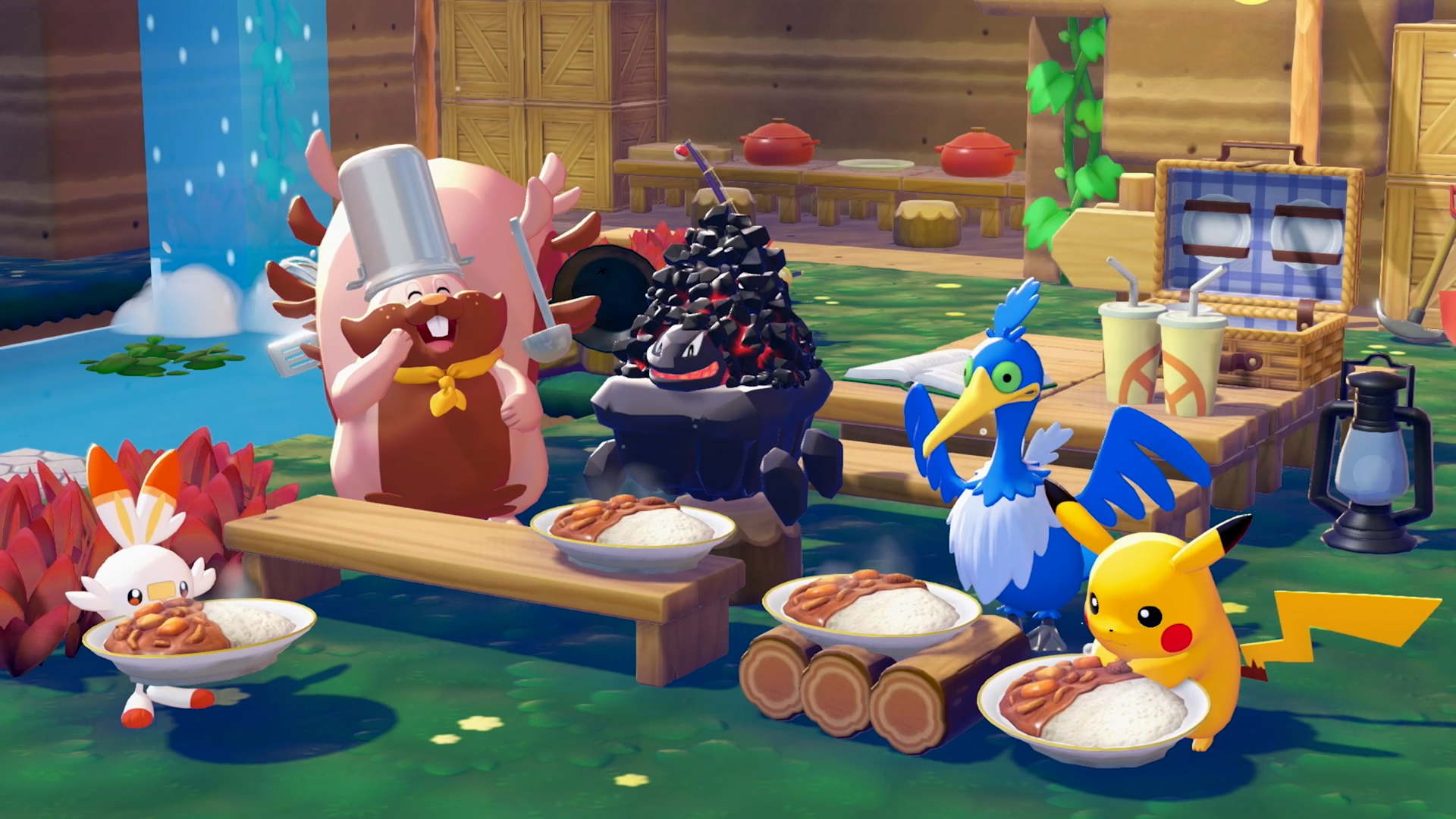 A group of Pok&eacute;mon eating together in Pok&eacute;mon Pokopia.