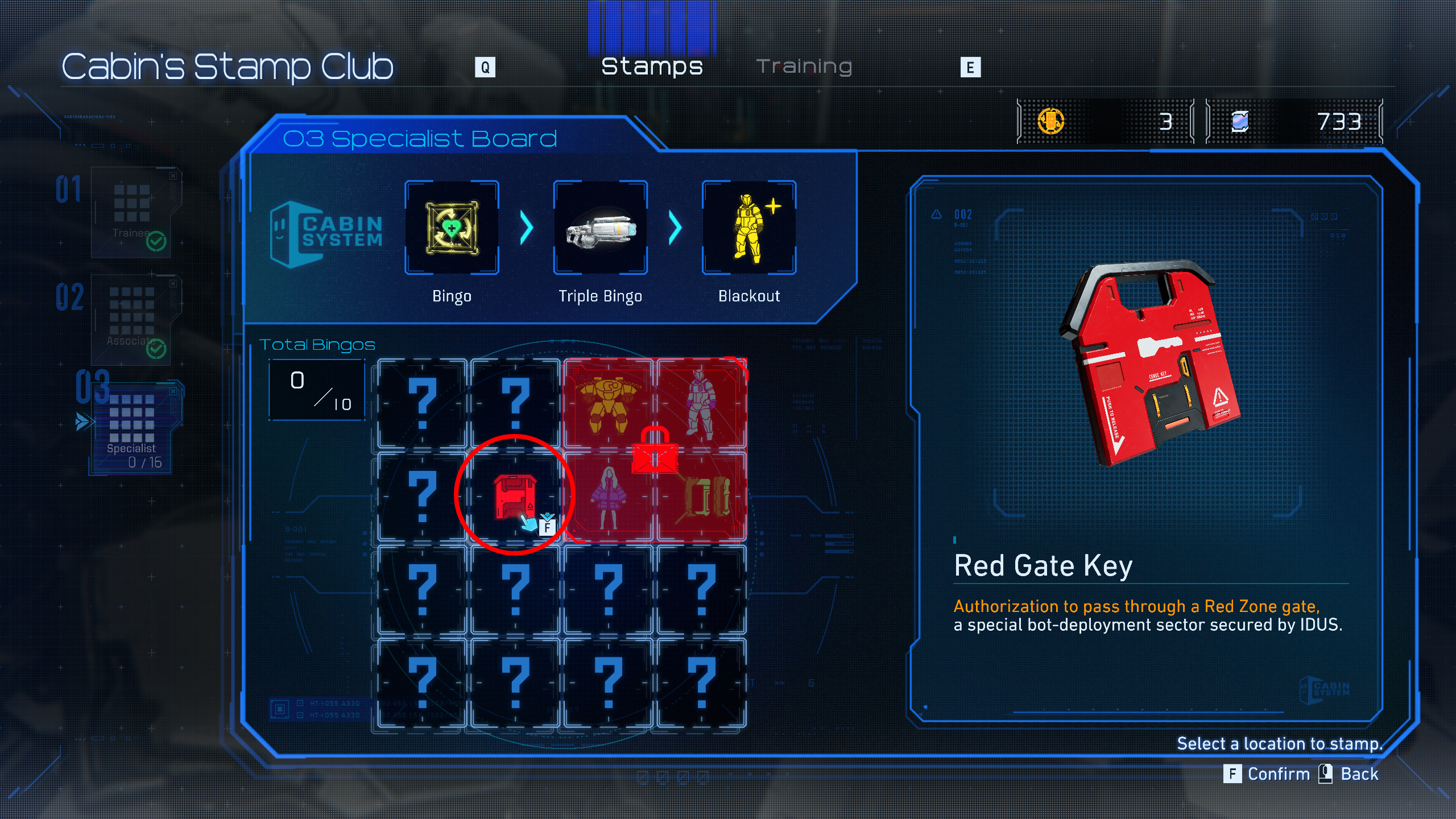Pragmata Red Zone Gate Keys: A Red Gate Key in the Specialist bingo board.