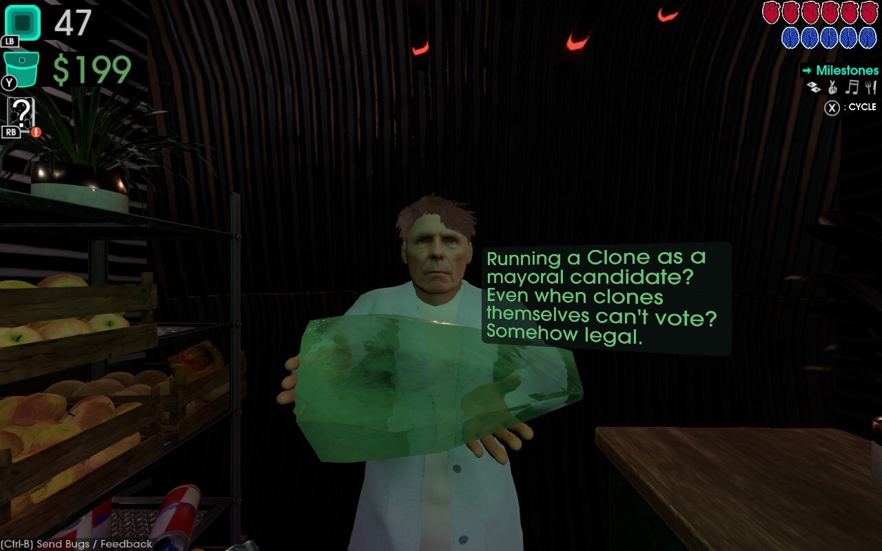 Scientist in Moves of the Diamond Hand explaining that it's legal to have a clone mayor even though clones can't vote