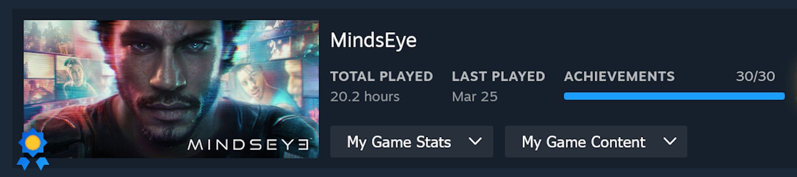 MindsEye's 20.2-hour playtime, with all 30 achievements