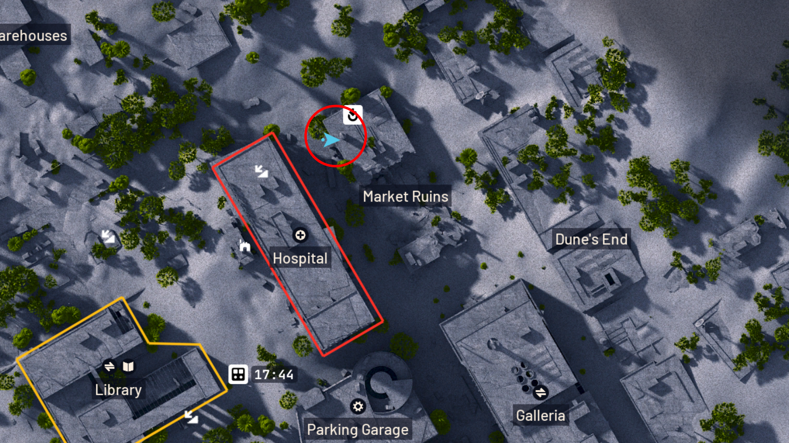 Arc Raiders Line in the Sand: A map of Buried City with a red circle highlighting the ruined building location at Market Ruins.