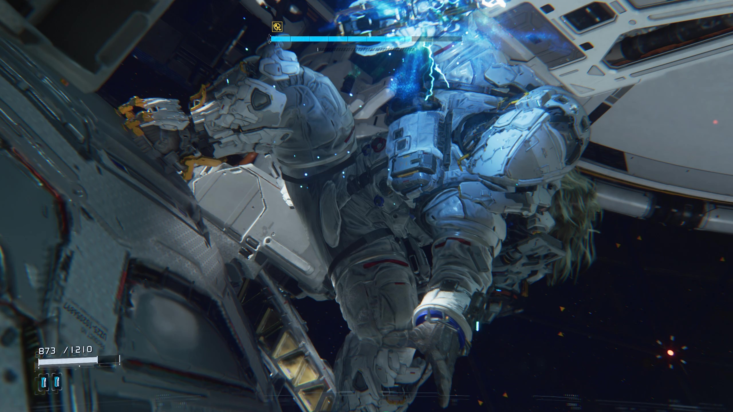 Pragmata Sector Guard: Hugh on the back of the Sector Guard performing a Critical Shot.