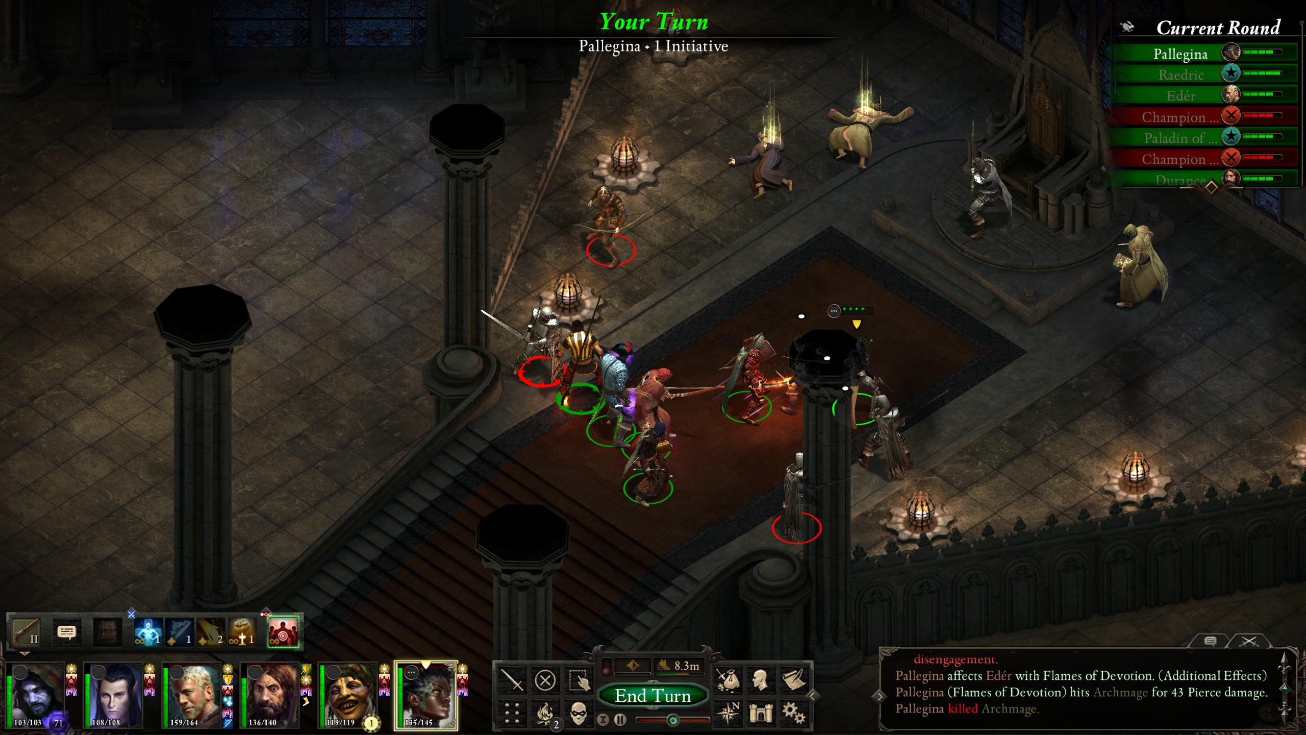 Pillars of Eternity overhead view in throne room showing turn based combat mode