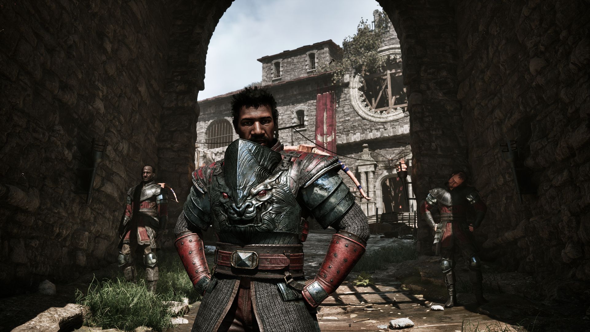 Three armored guards under an archway in the Old Camp