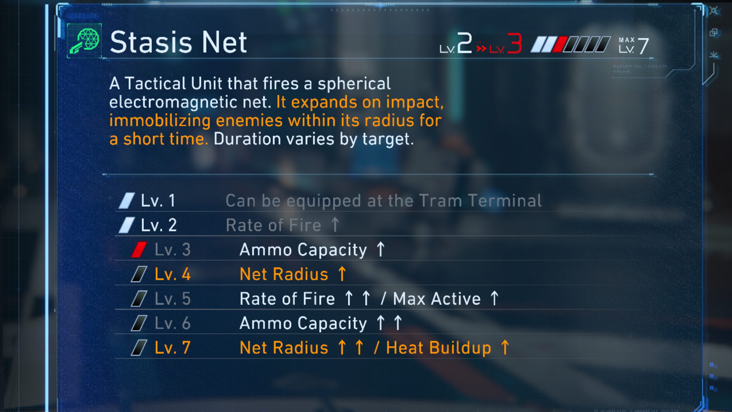 Pragmata weapons: The Stasis Net viewed in the upgrade screen, giving a brief description of the gun and what's improved at each level.