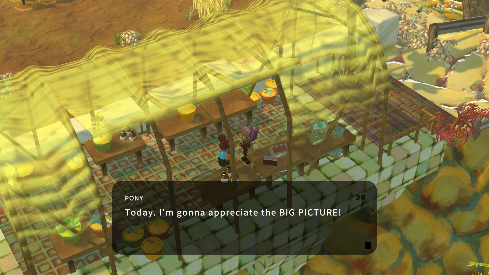 Two characters talking in a greenhouse in Before the Green Moon.