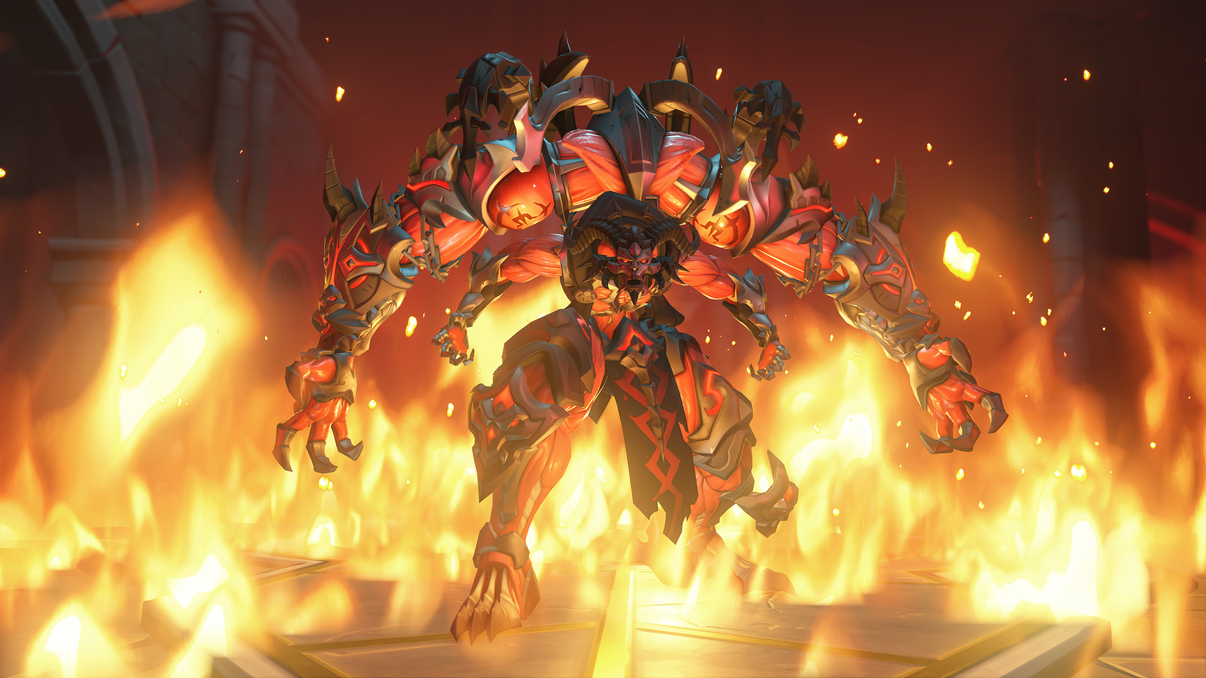 Overwatch Season 2: Ramattra with a Diablo-inspired skin surrounded by fire.