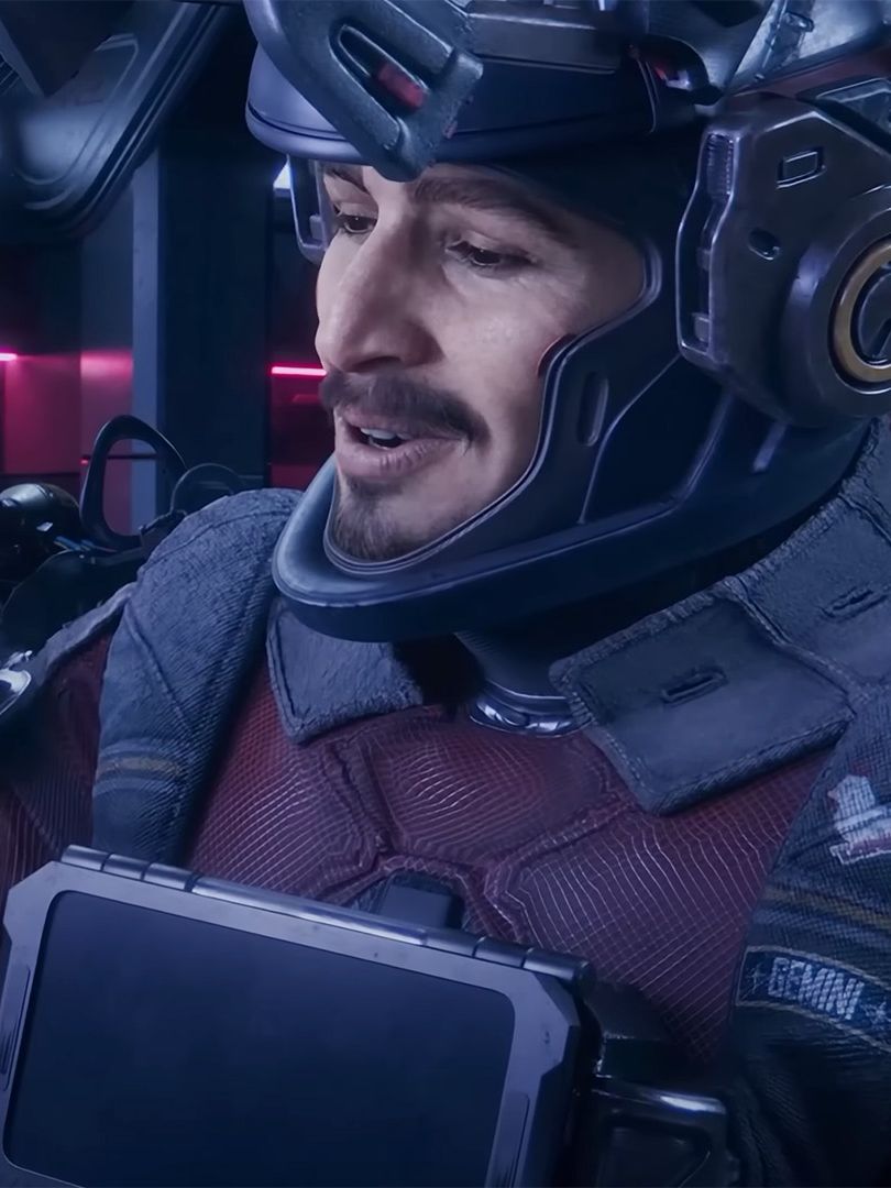 A man with a mustache wearing a spacesuit with his visor up in The Expanse: Osiris Reborn