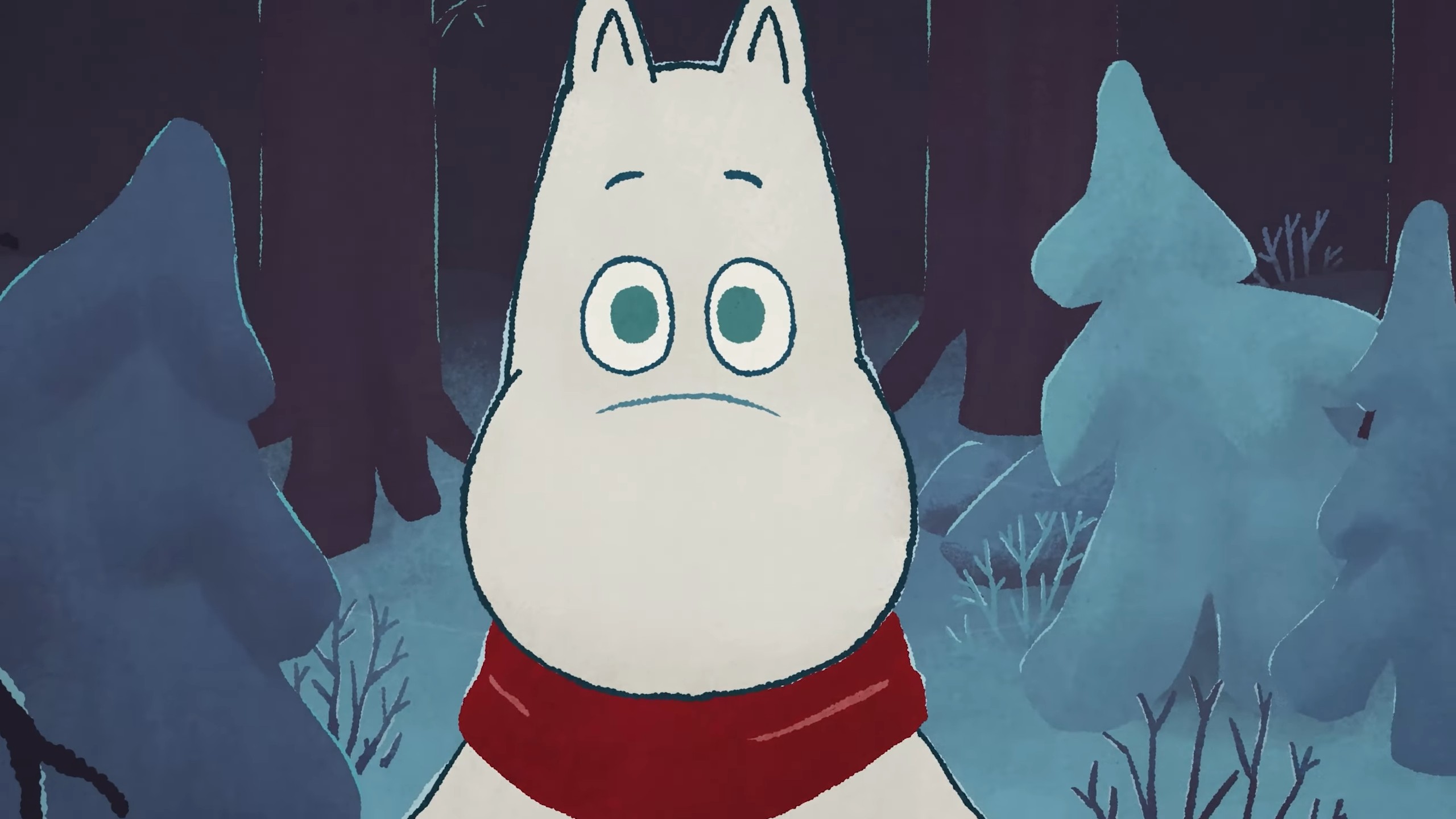 Moomintroll Winter's Warmth - Moomintroll wears a red scarf in a dark, snowwy forest