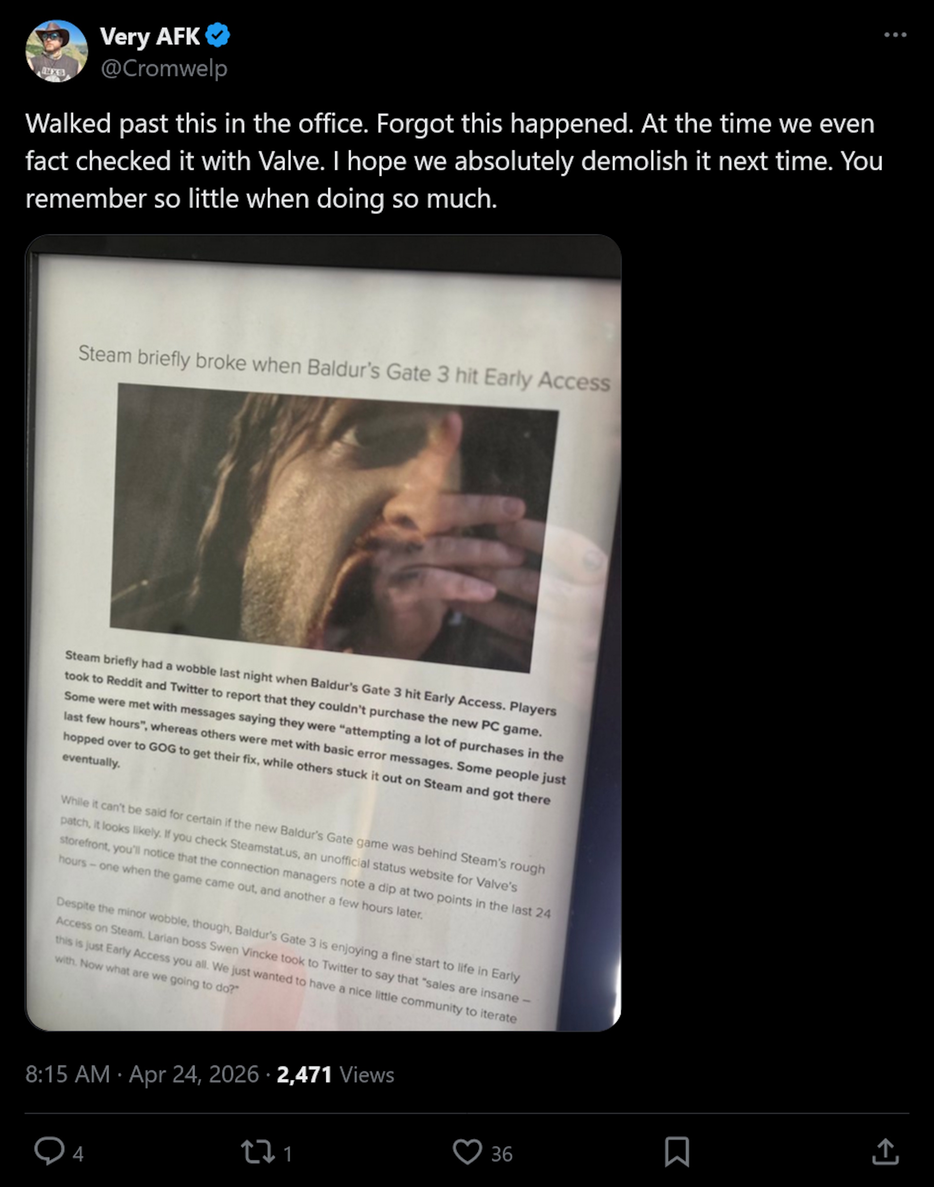 Walked past this in the office. Forgot this happened. At the time we even fact checked it with Valve. I hope we absolutely demolish it next time. You remember so little when doing so much.