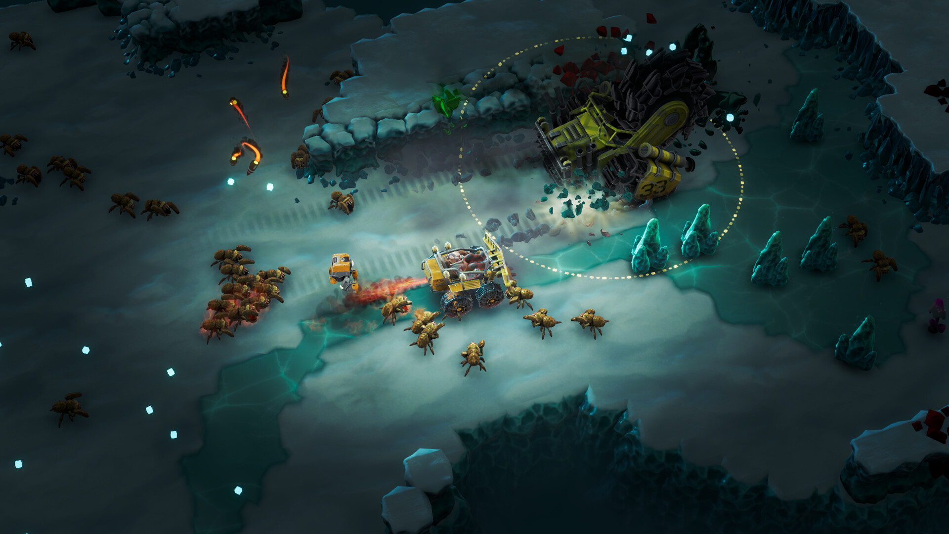 The Demolisher class driving through the new ice biome in Deep Rock Galactic: Survivor.