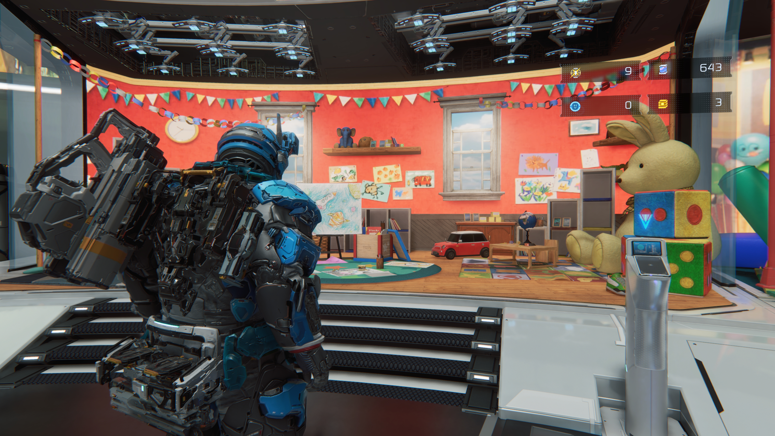 Pragmata guide: Hugh looking at a bedroom-themed REM Replicator in the Shelter.