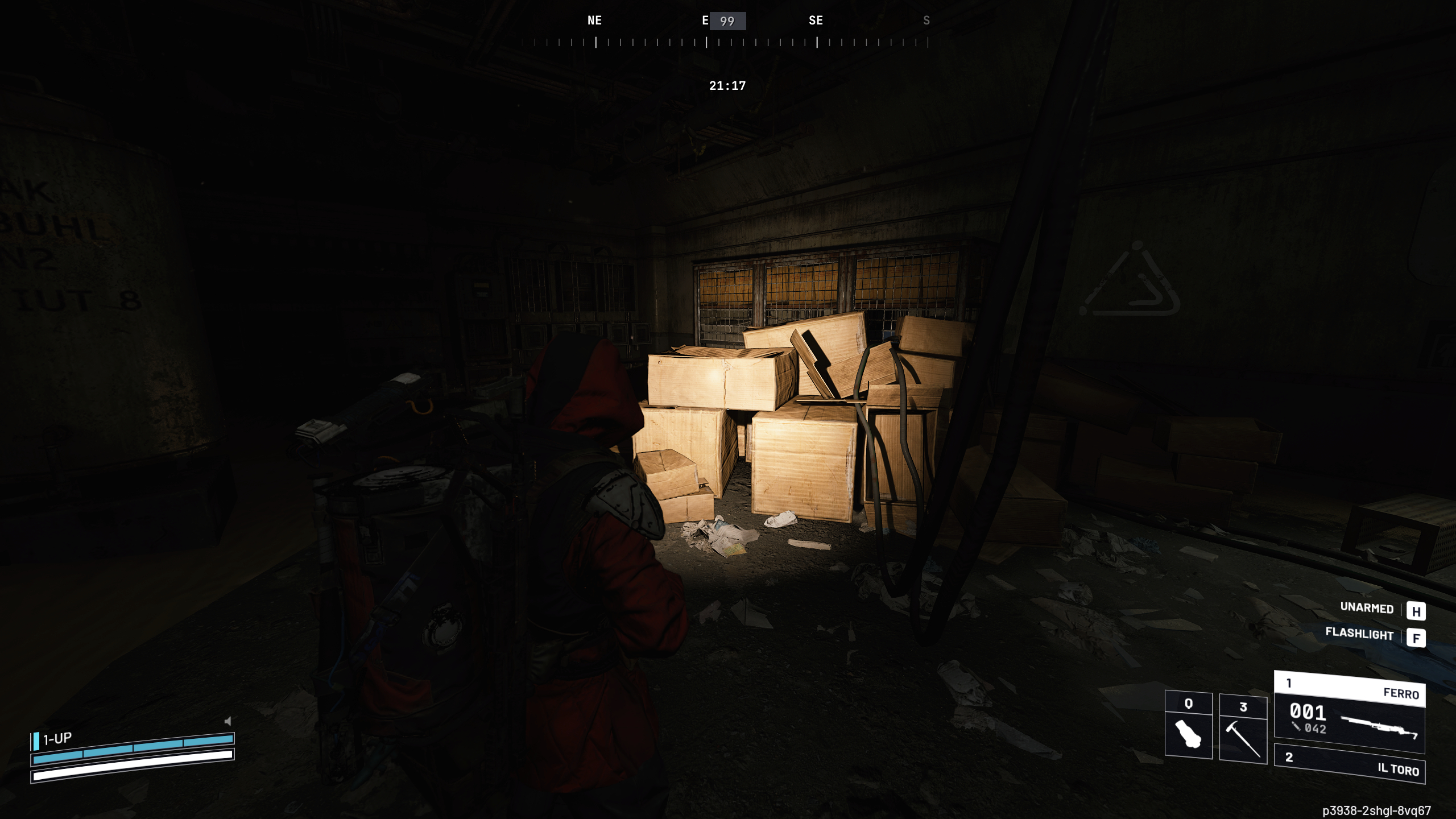 Arc Raiders Line in the Sand: A player looking at a stack of cardboard boxes in a dark basement using a flashlight.