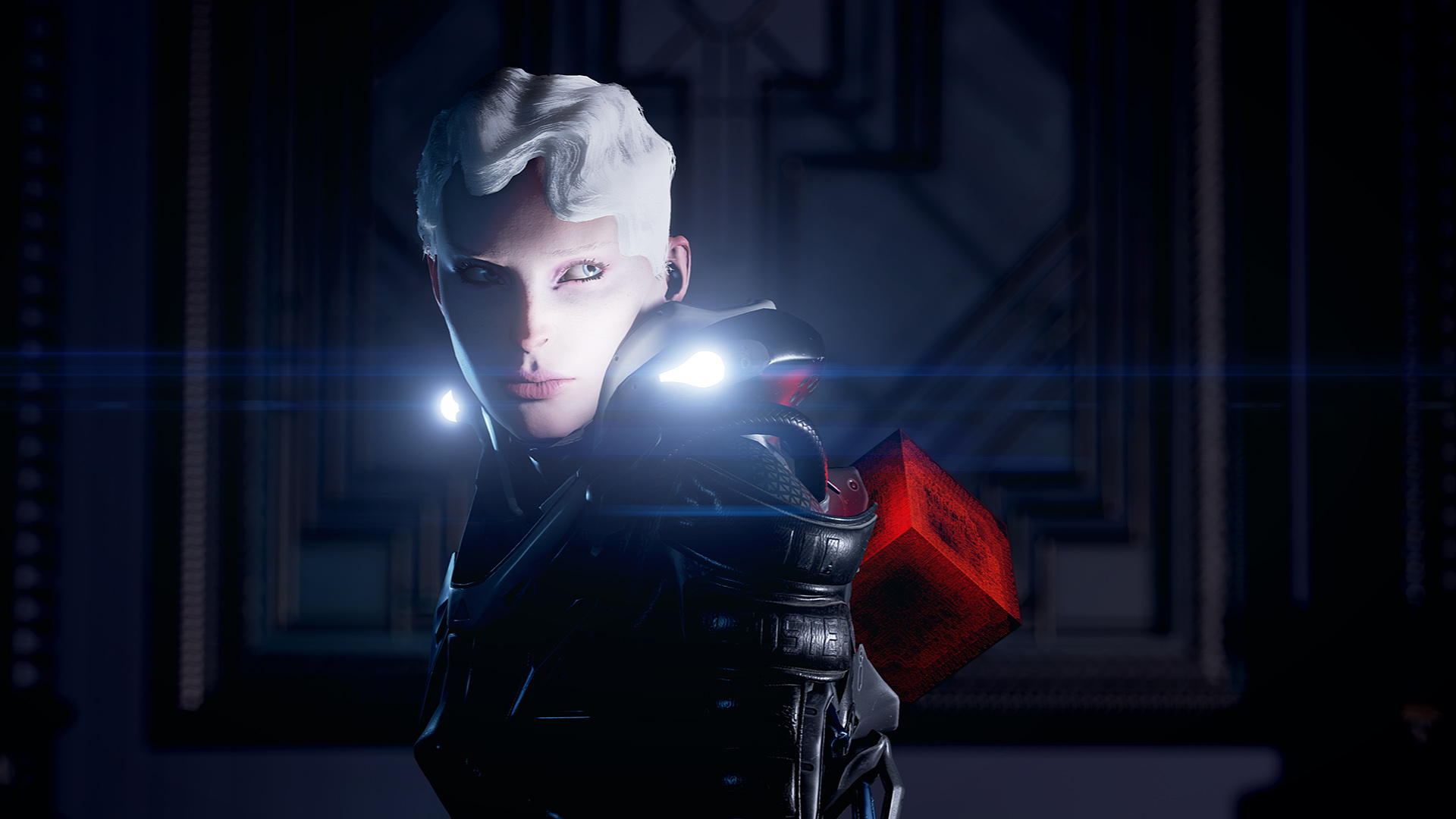 A woman in sci-fi armour looking around in Echo.