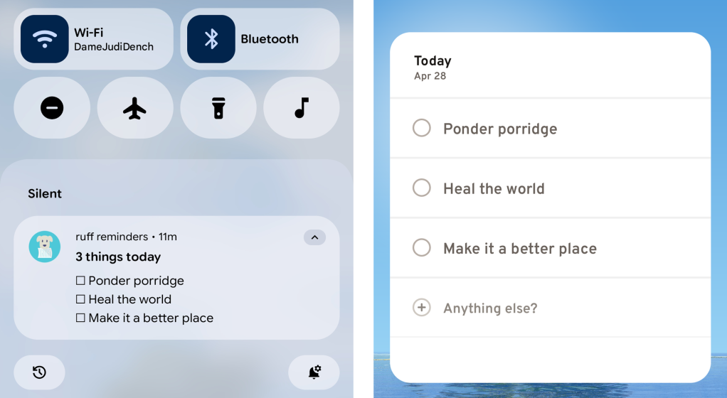 Android reminders app: Ruff Reminders ongoing notification, widget