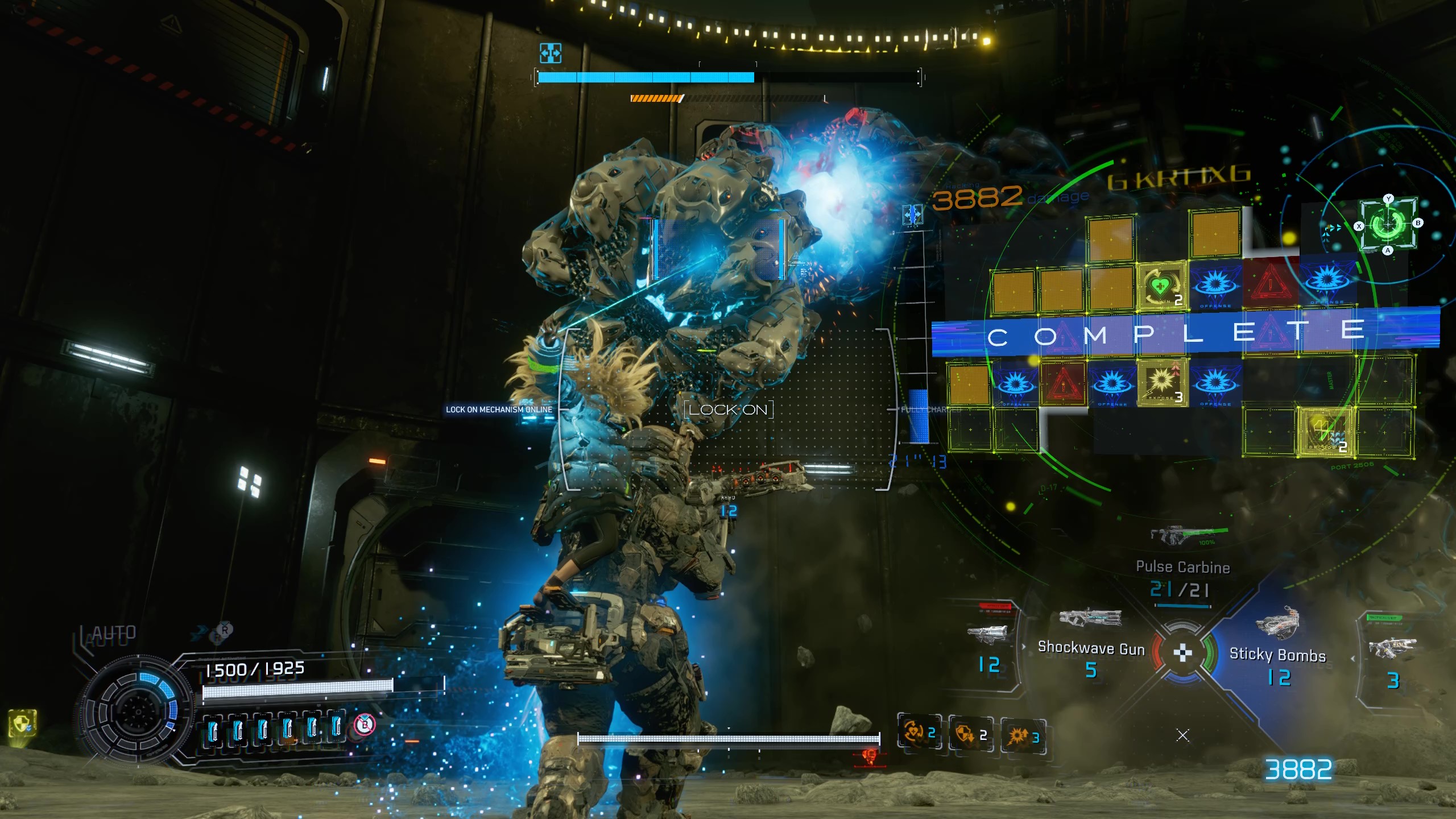 Pragmata Luna Digger: A player firing at the mechanical worm boss while hacking it.