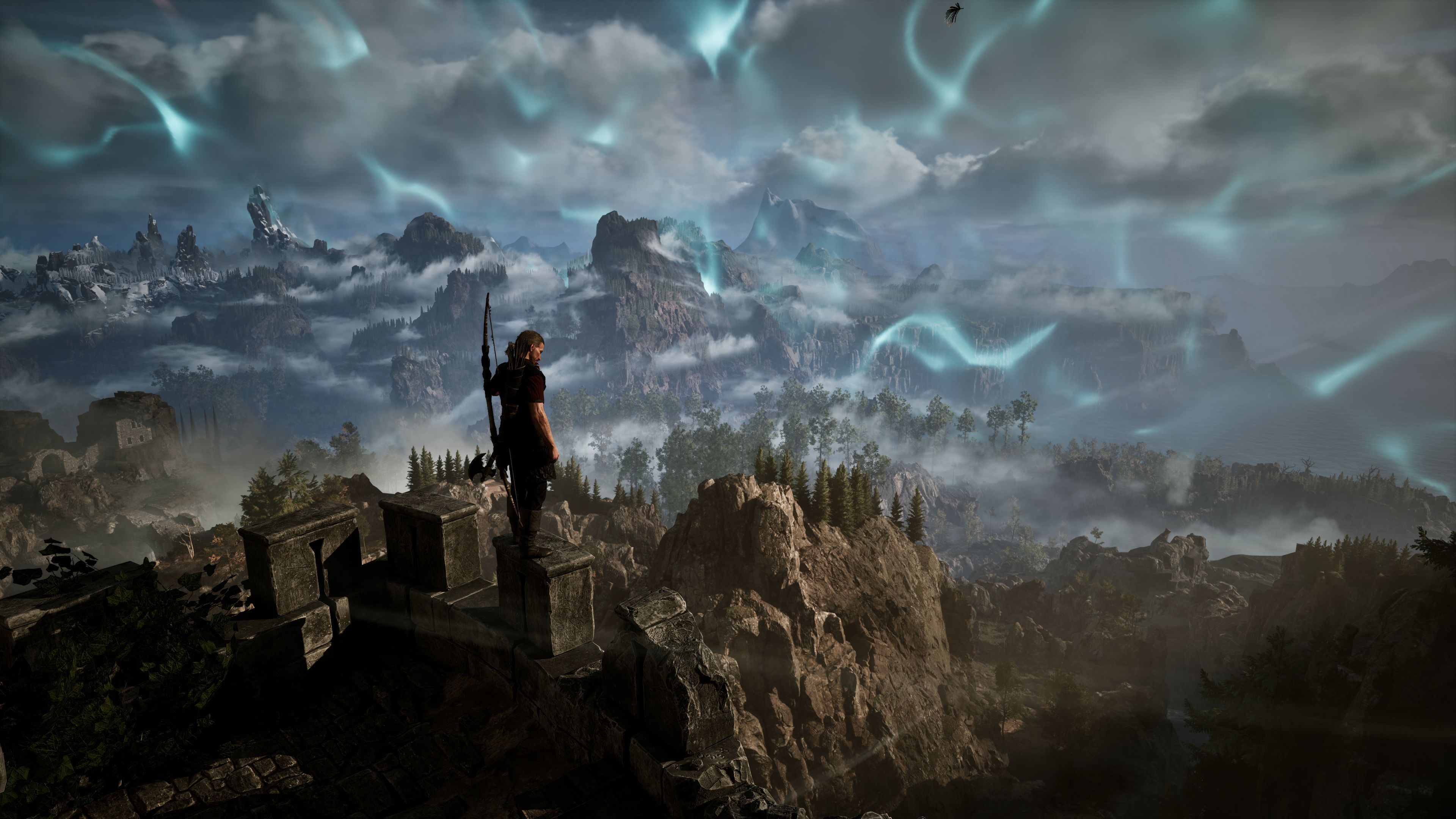 The Nameless Hero, bow on his back, looks across the landscape at a glowing magical barrier