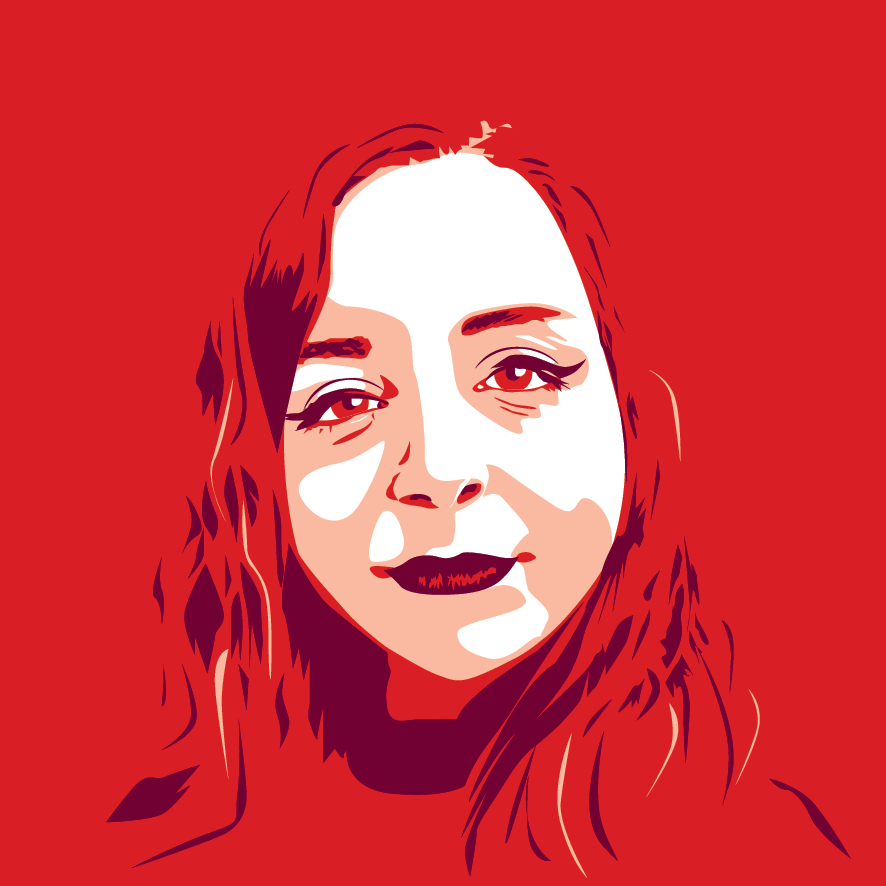 This is an illustrated portrait rendered entirely in red tones. The illustration depicts a woman with slightly wavy, shoulder-length hair and eyeliner wings staring directly at the camera.