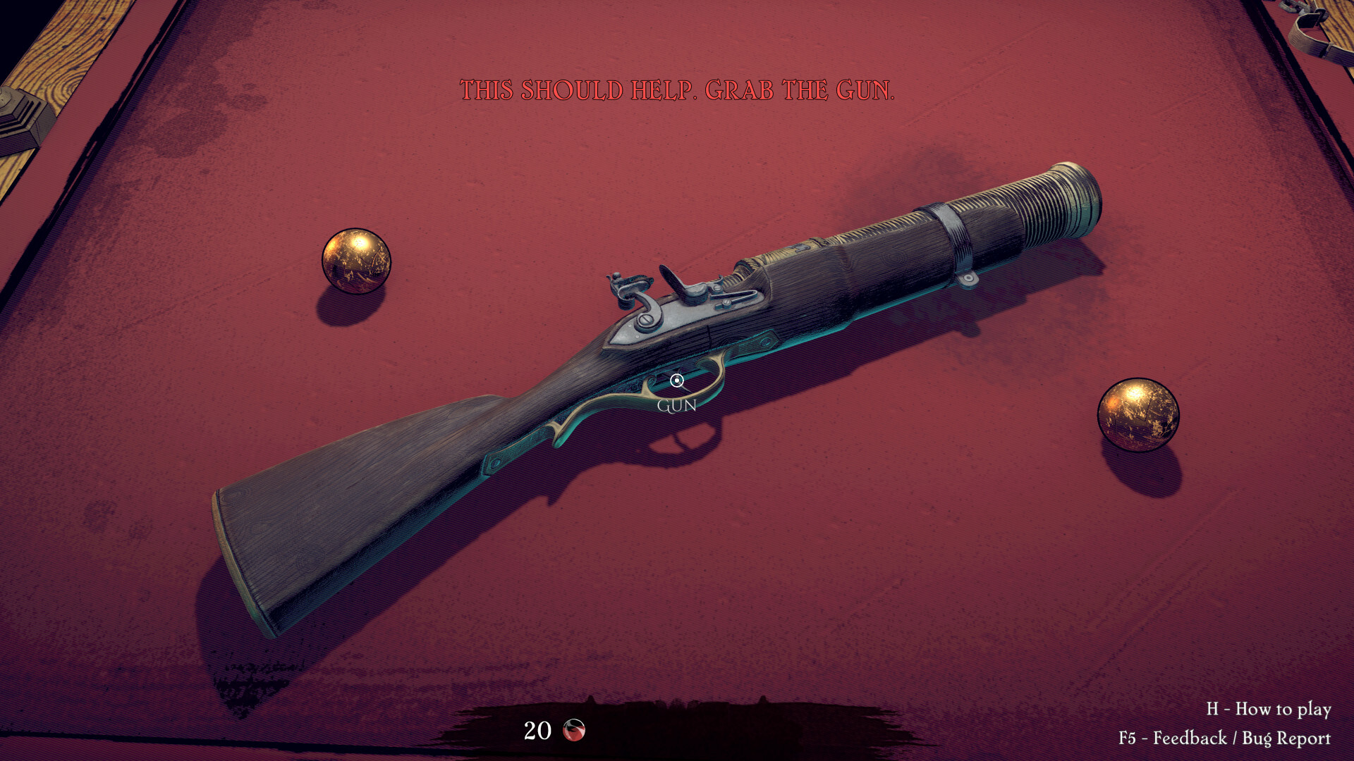 A blunderbuss-like gun on a pool table in Pool of Madness.