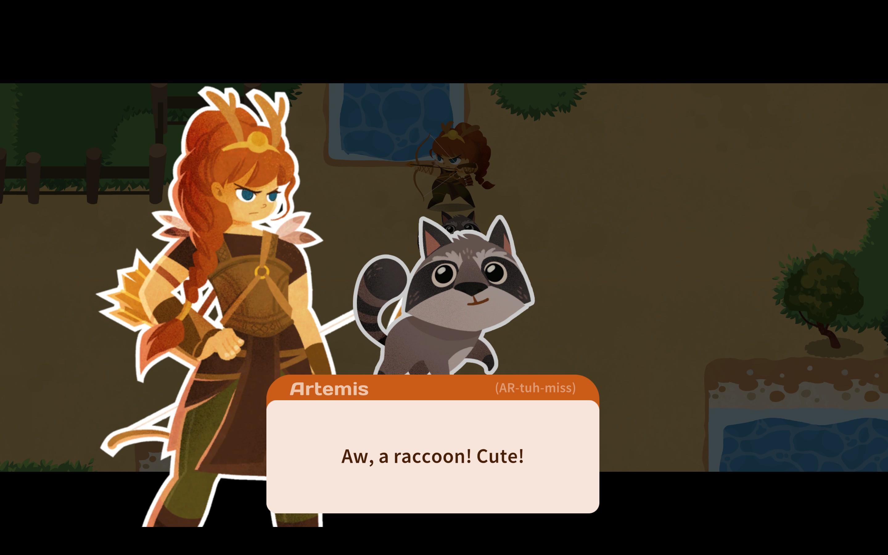 Artemis finding a raccoon in Mythmatch.