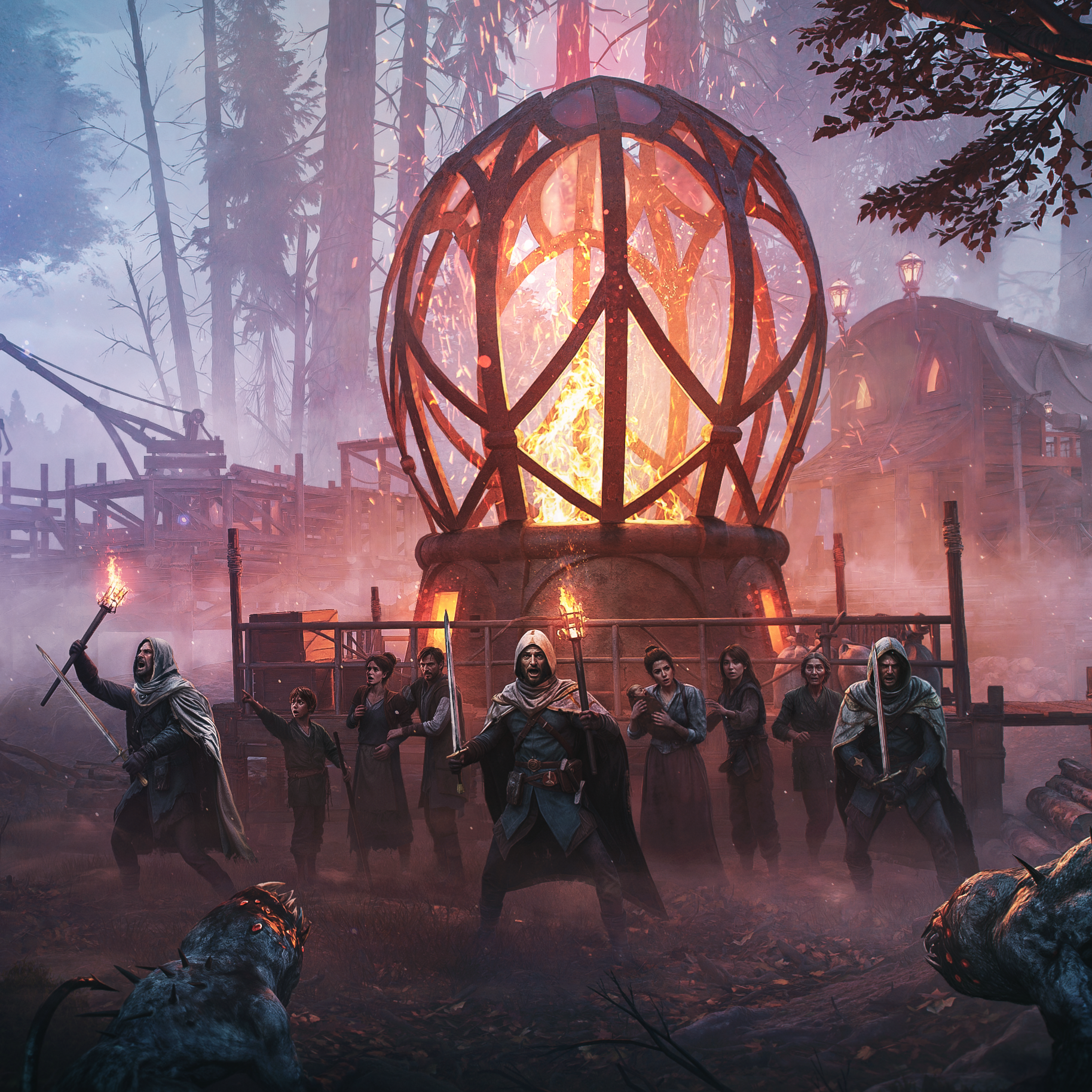 Elves fending off strange wolf-like creatures