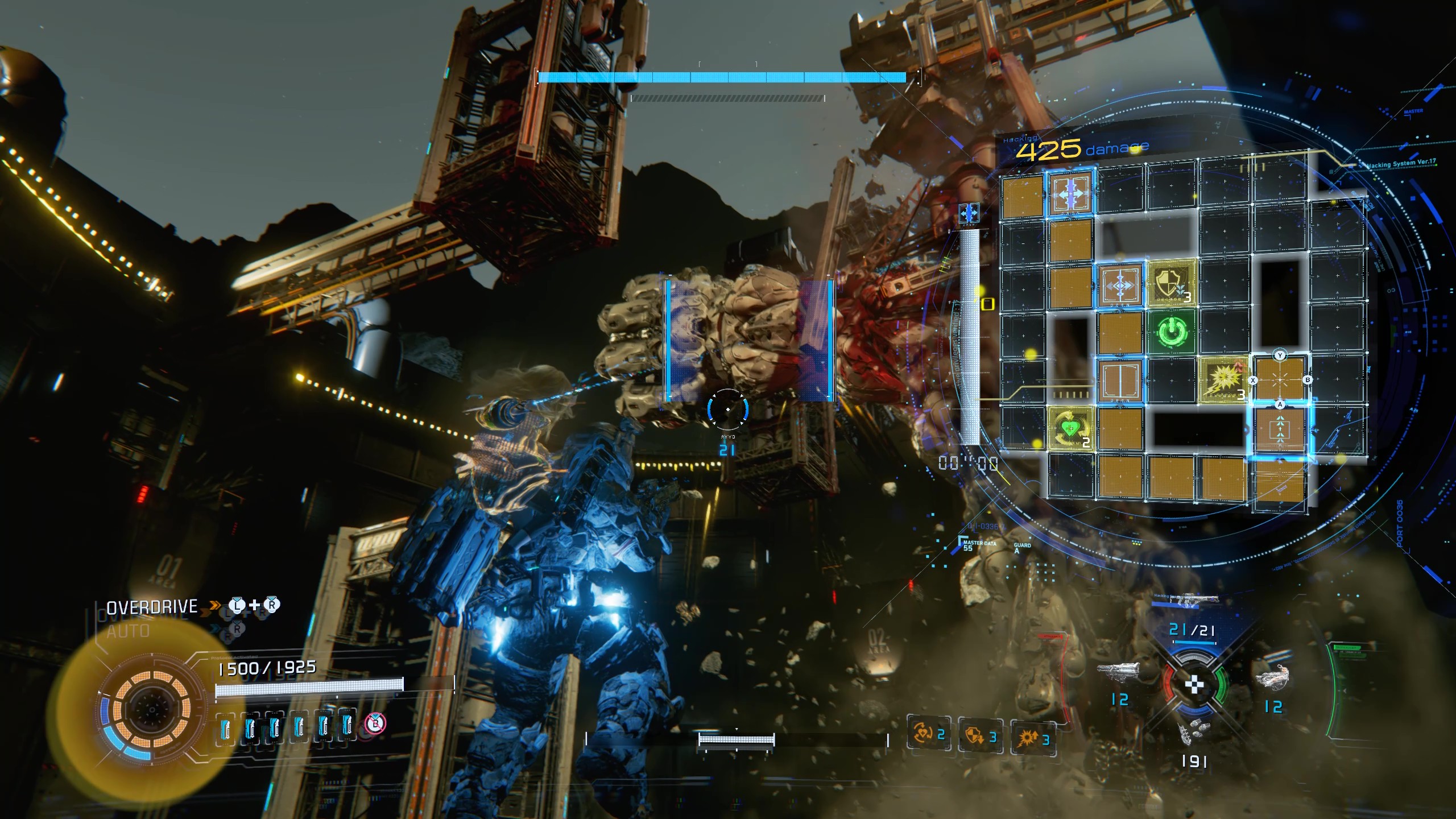 Pragmata Luna Digger: A player firing at the mechanical worm boss while hacking it.